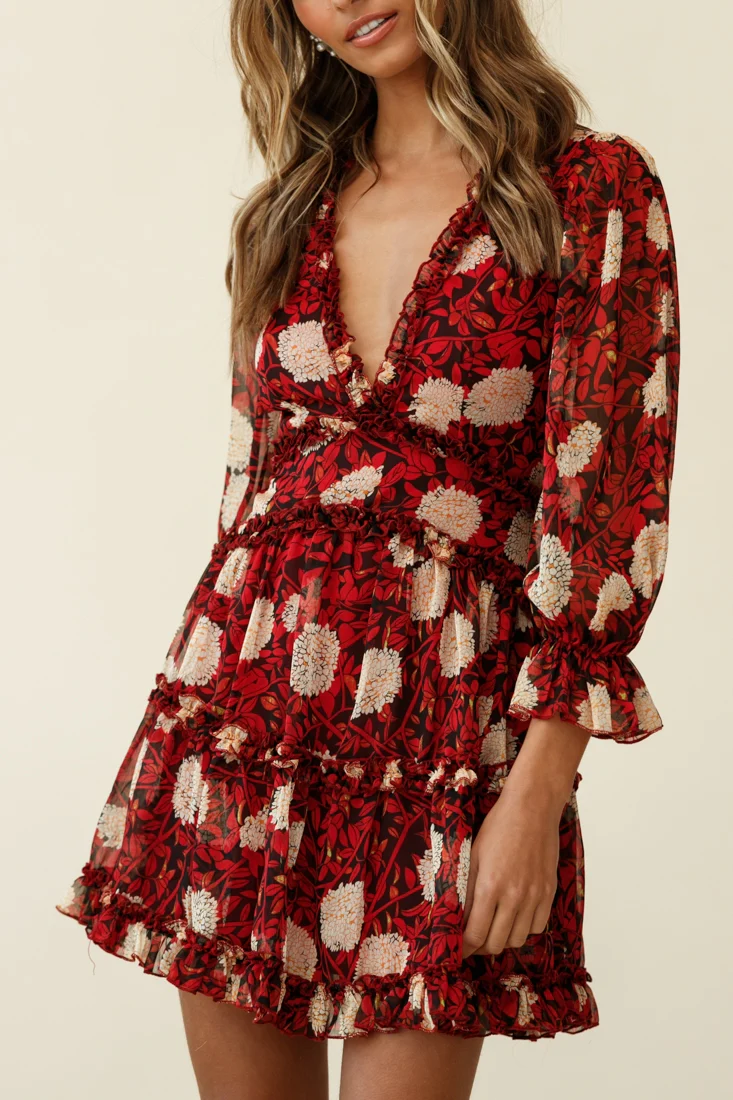 Laney Cutout Back Ruffle Trim Dress Floral Print Red