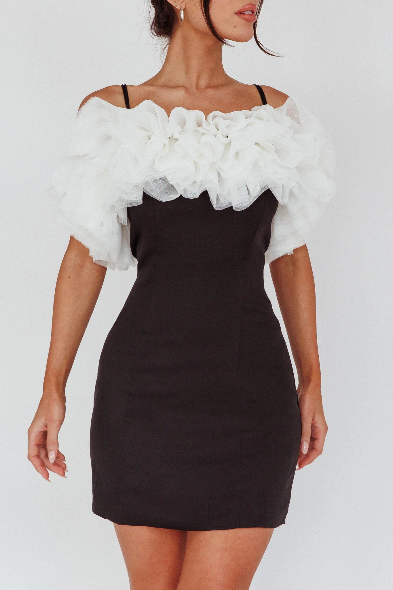 Prima Tulle Neckline Mini Dress Black/White