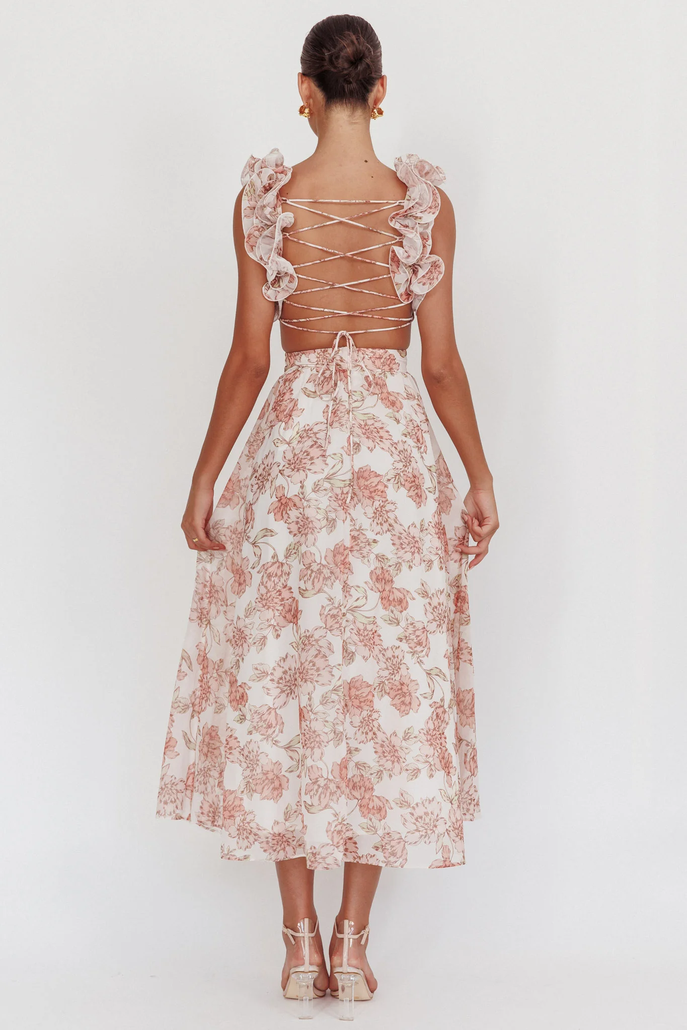 Doe Eyes Lace-Up Back Maxi Dress Floral Peach