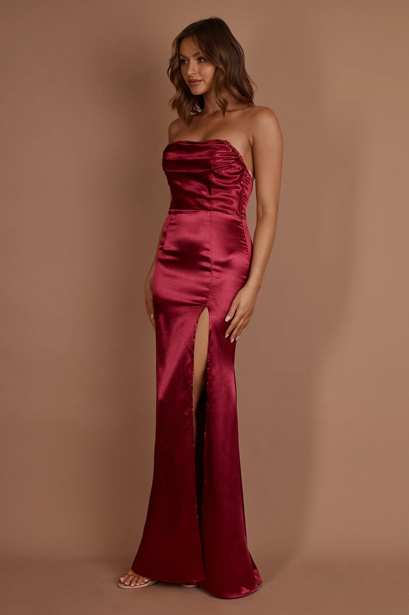 Kalisa Strapless Thigh Split Maxi Dress Burgundy