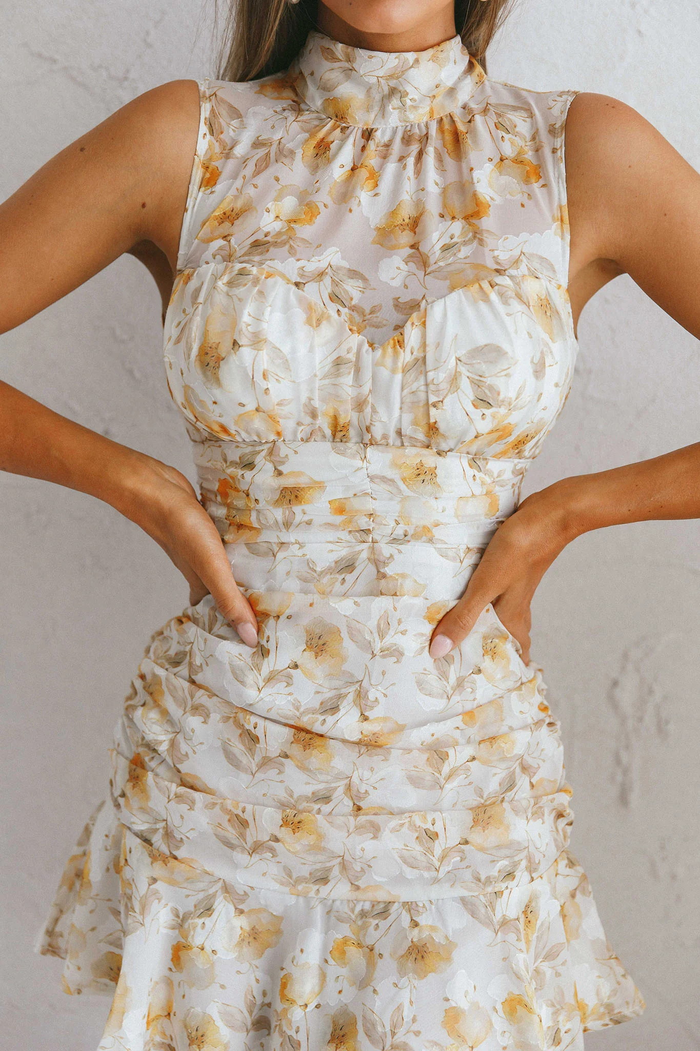 Monte Cristi High Neck Sleeveless Mini Dress Floral Print Yellow