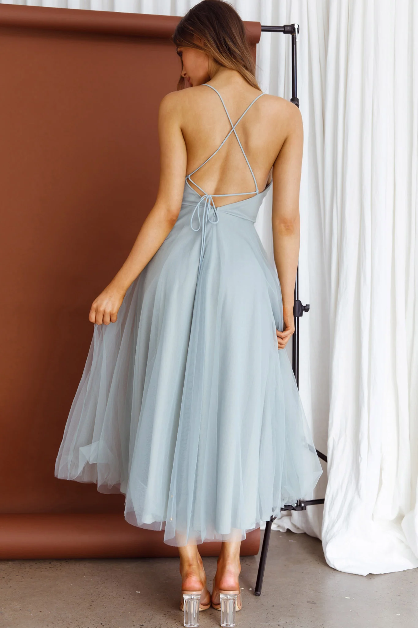 Floating By Pleated Neckline Mesh Midi Dress Sage