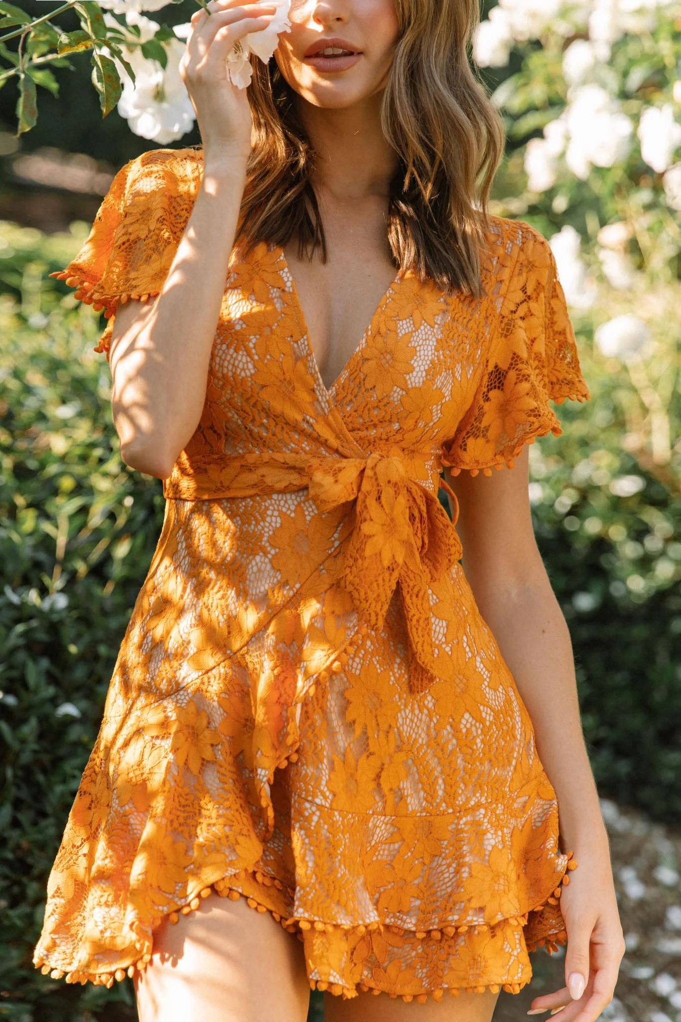 Cami Angel Sleeve Faux Wrap Dress Orange Sunset