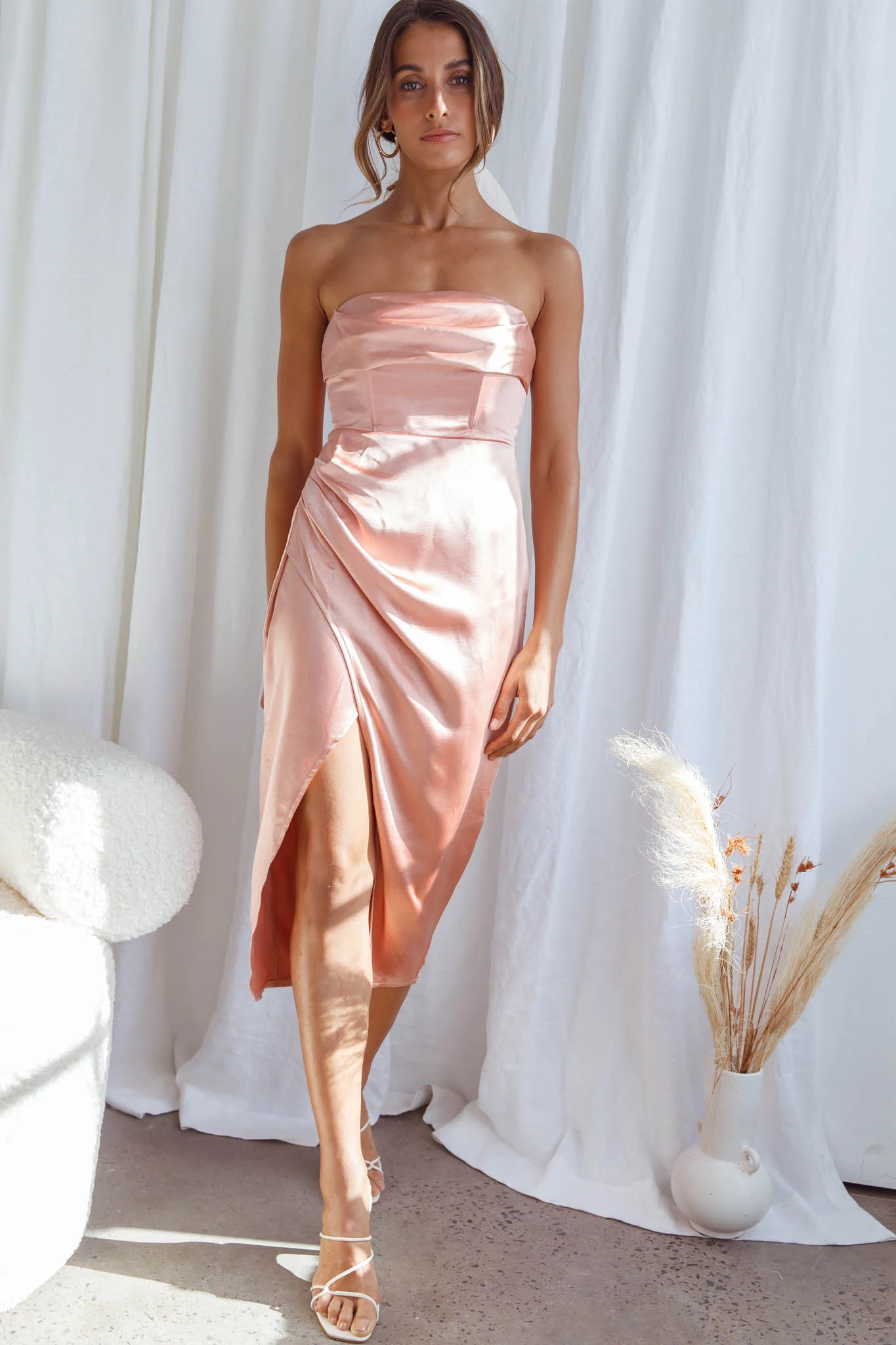 Dolce Vita Cowl Bust Strapless Midi Dress Apricot