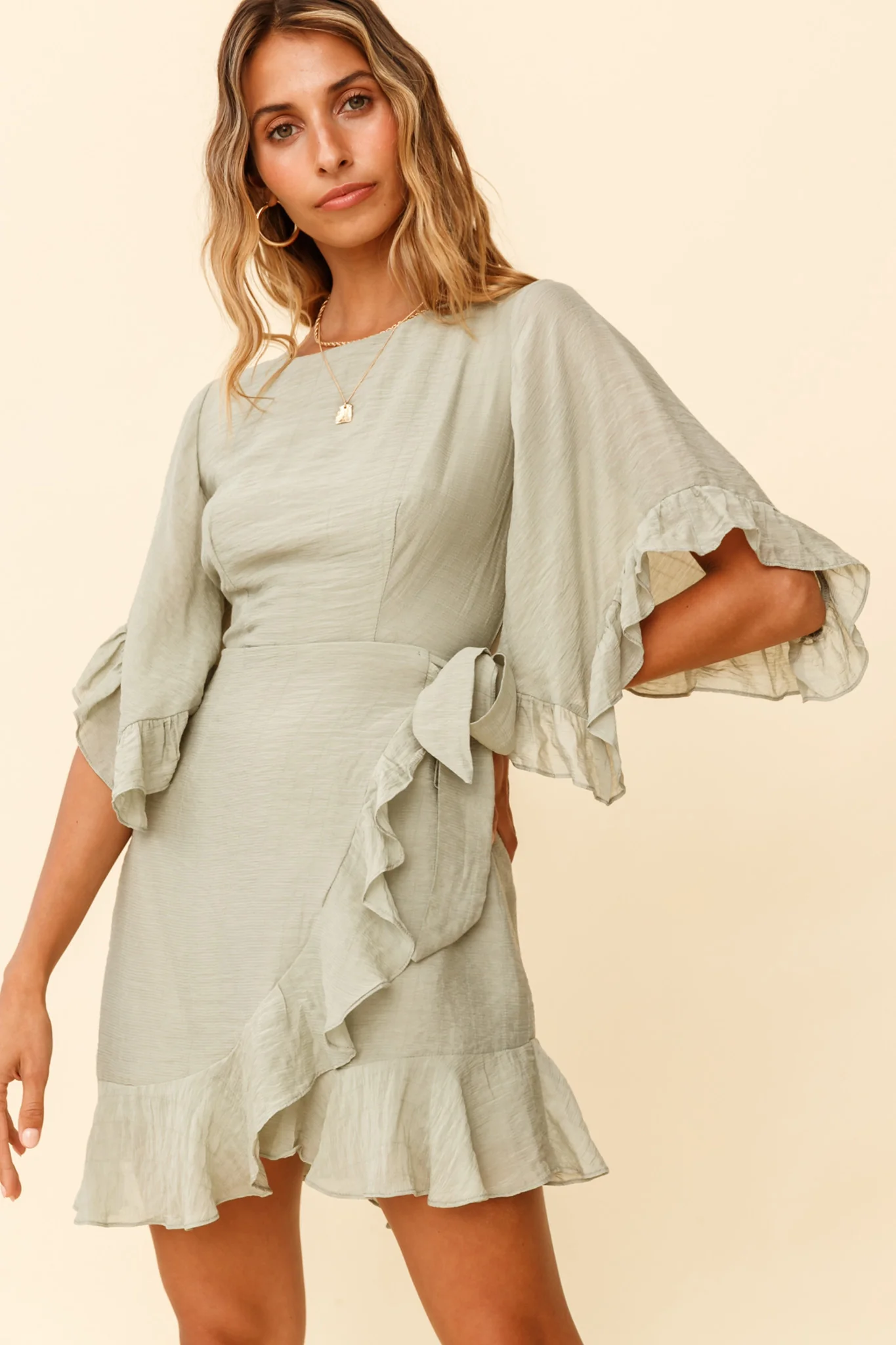 Make It Happen Flared Sleeve Ruffle Trim Dress Pistachio