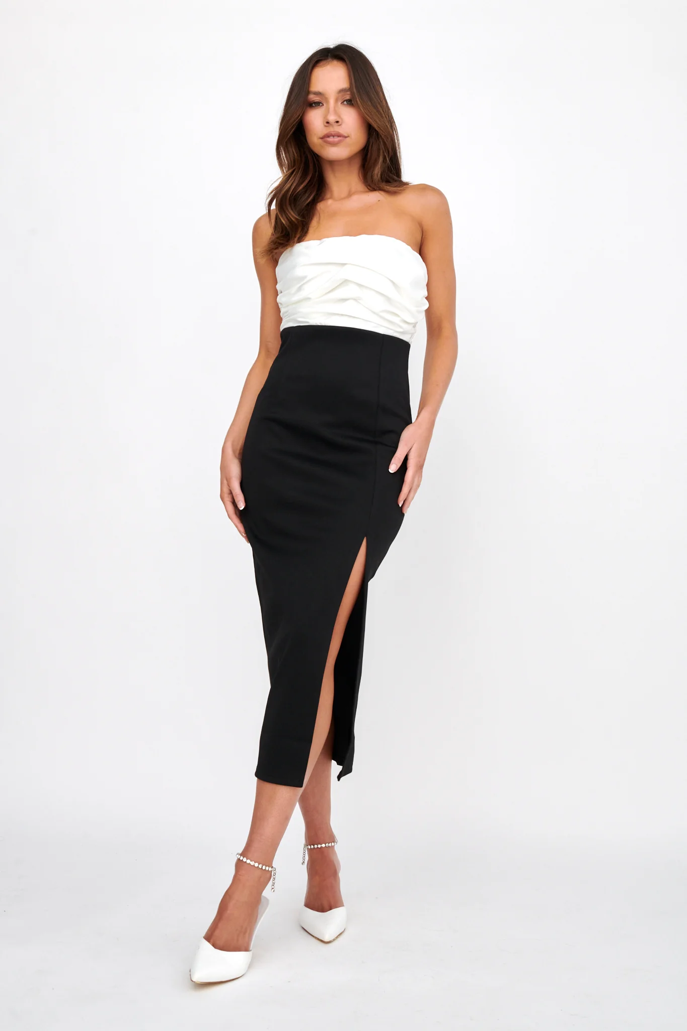 Brandi Strapless Split Midi Dress White/Black