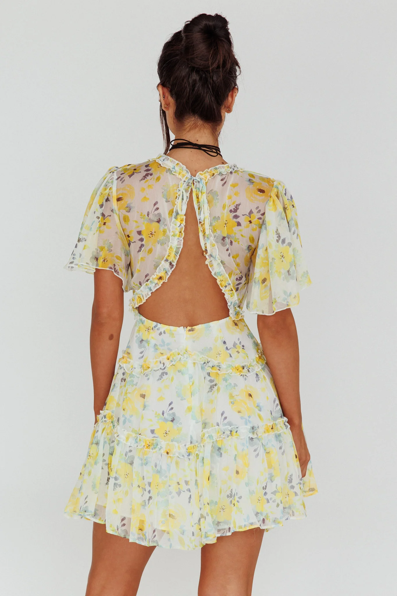 Tres Chic Flutter Sleeve Cut-Out Dress Floral Yellow