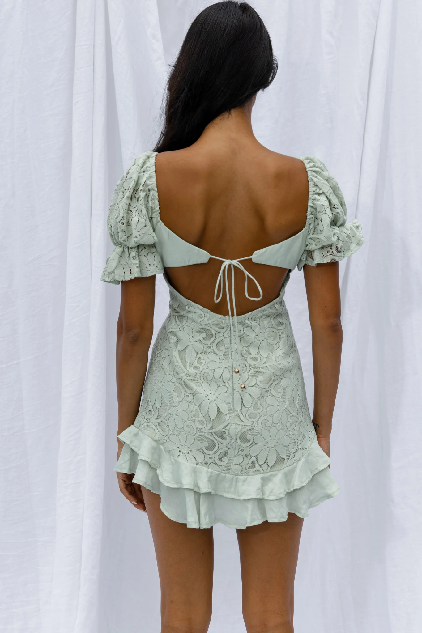 Georgia Peach Puff Sleeve Double Frill Hem Lace Dress Mint