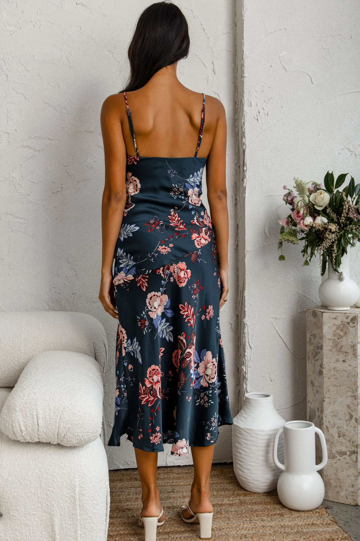 Downtown Cami Strap Front Split Midi Dress Oriental Flower Print Forest Green