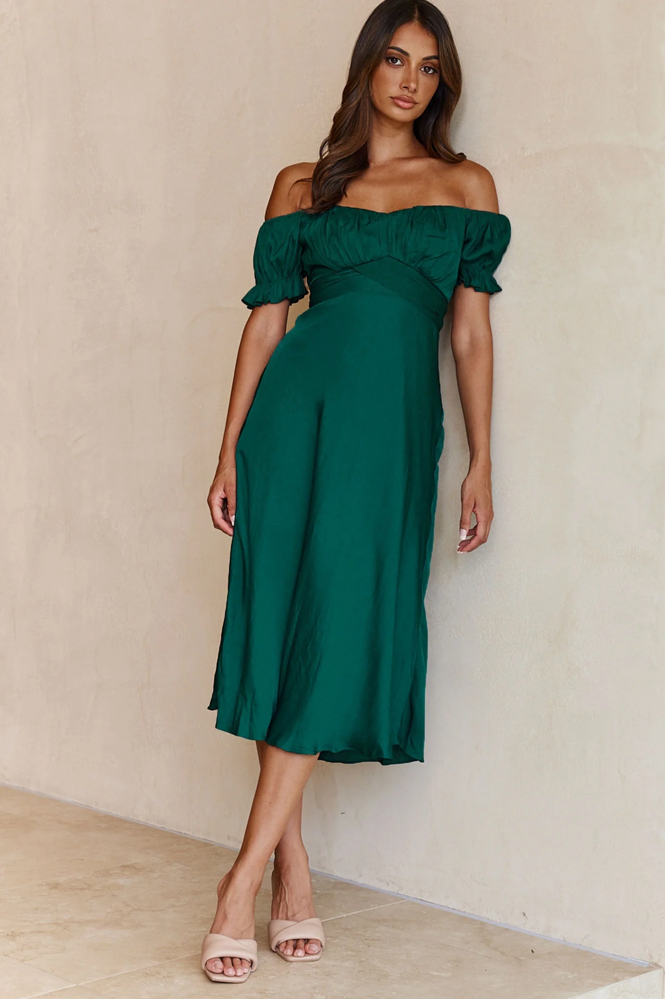 Linka Off-Shoulder Tie Back Midi Dress Forest Green