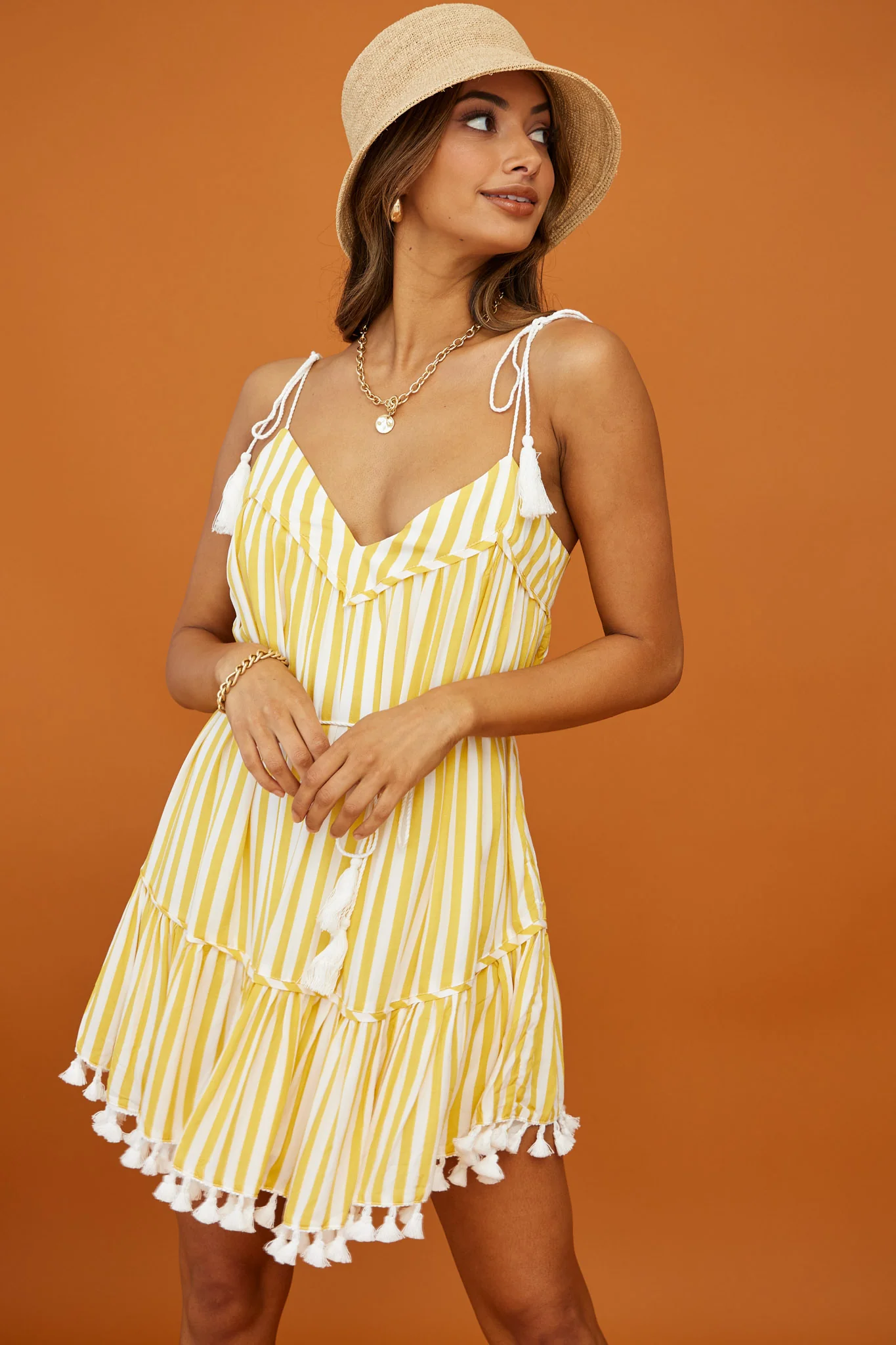 Orlando Tassel Trim Tied Shoulder Swing Dress Yellow Stripe