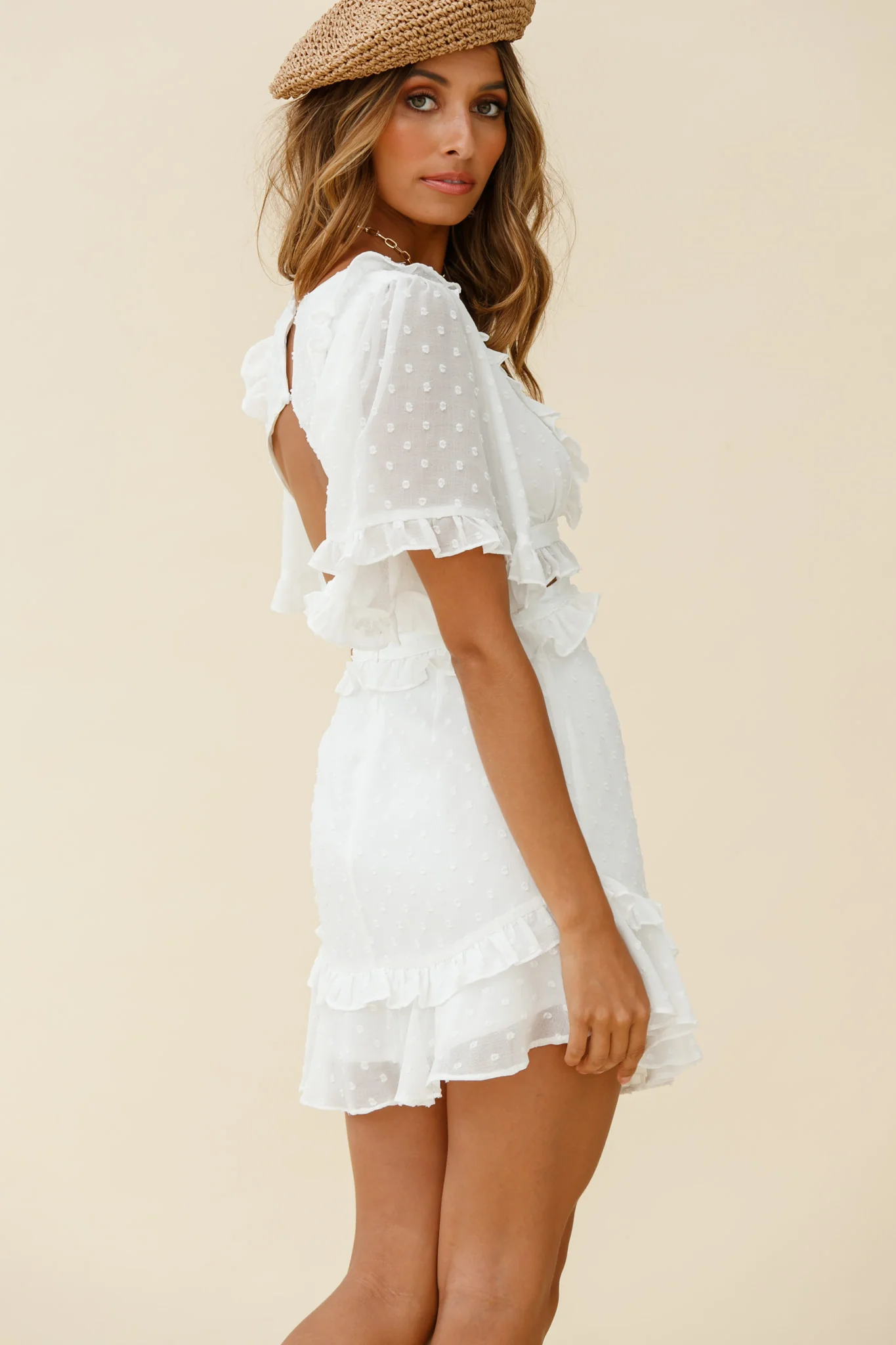 My Belle Cut-Out Detail Frill Accent Dress Spotty White