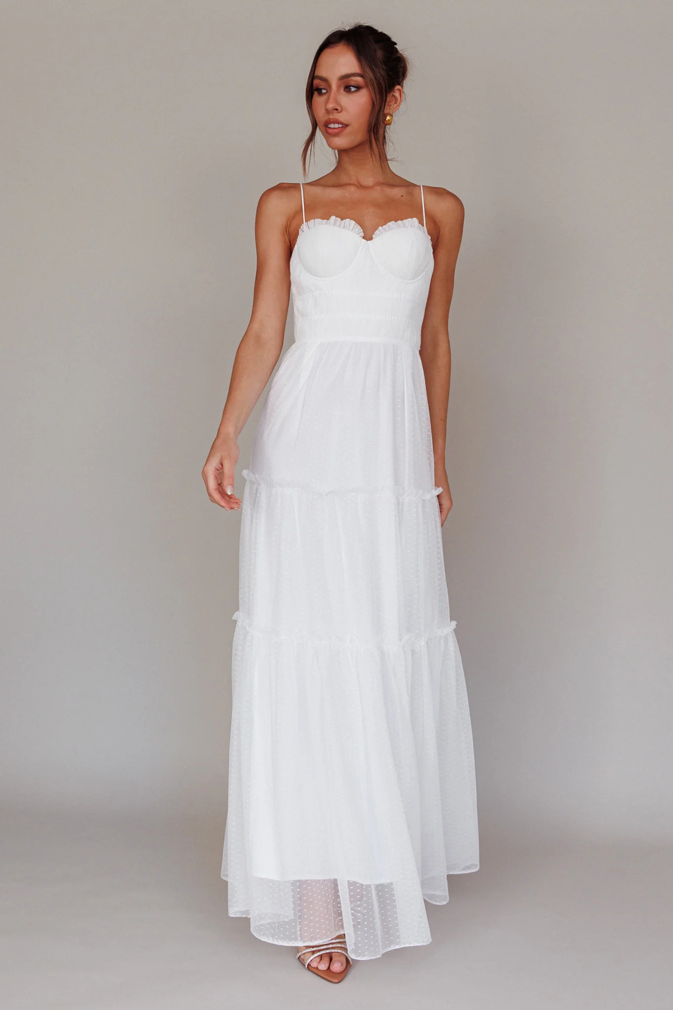 Calla Sweetheart Neckline Hail Spot Midi Dress White