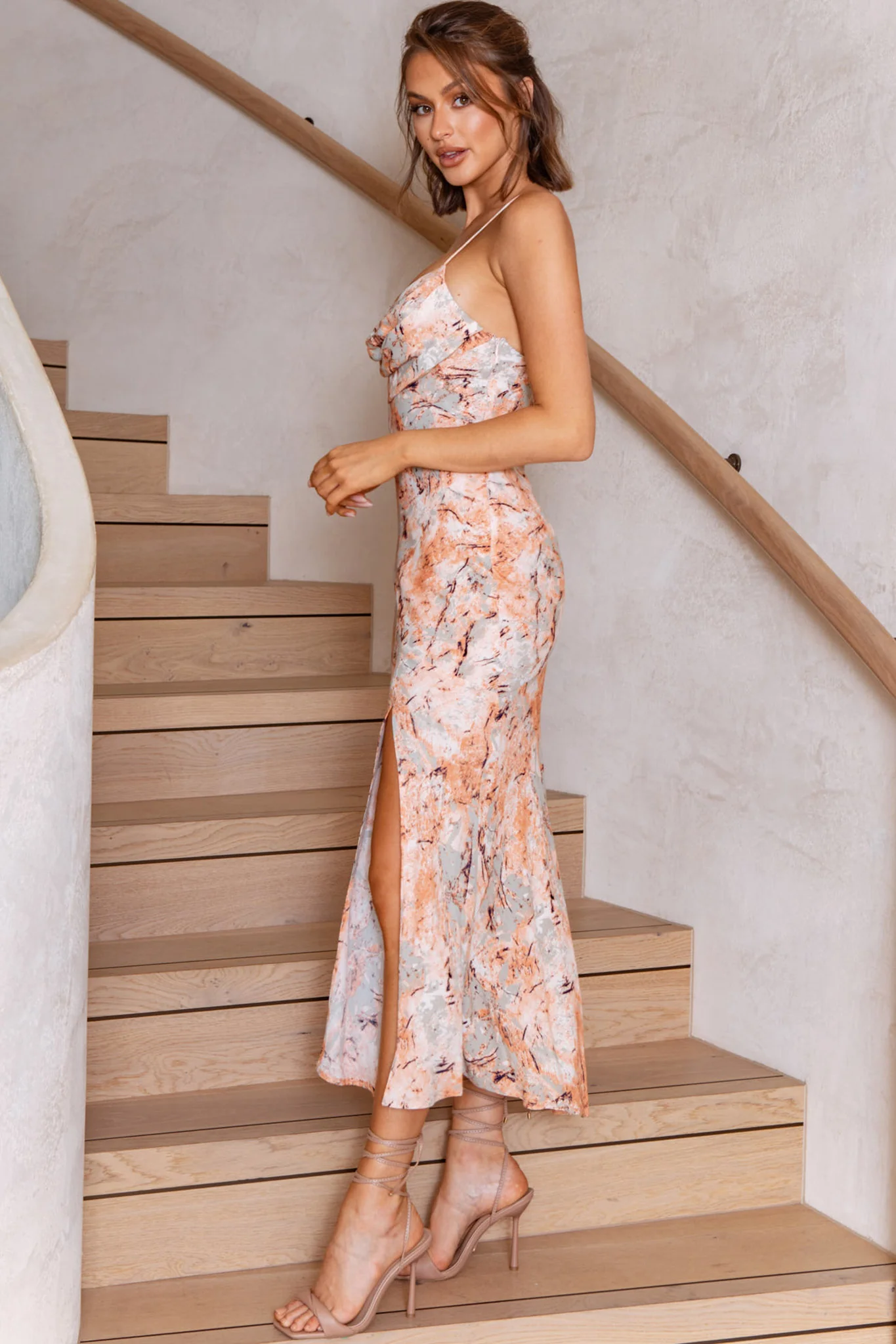 Well Versed Pleated Bust Front Split Dress Marble Print Orange