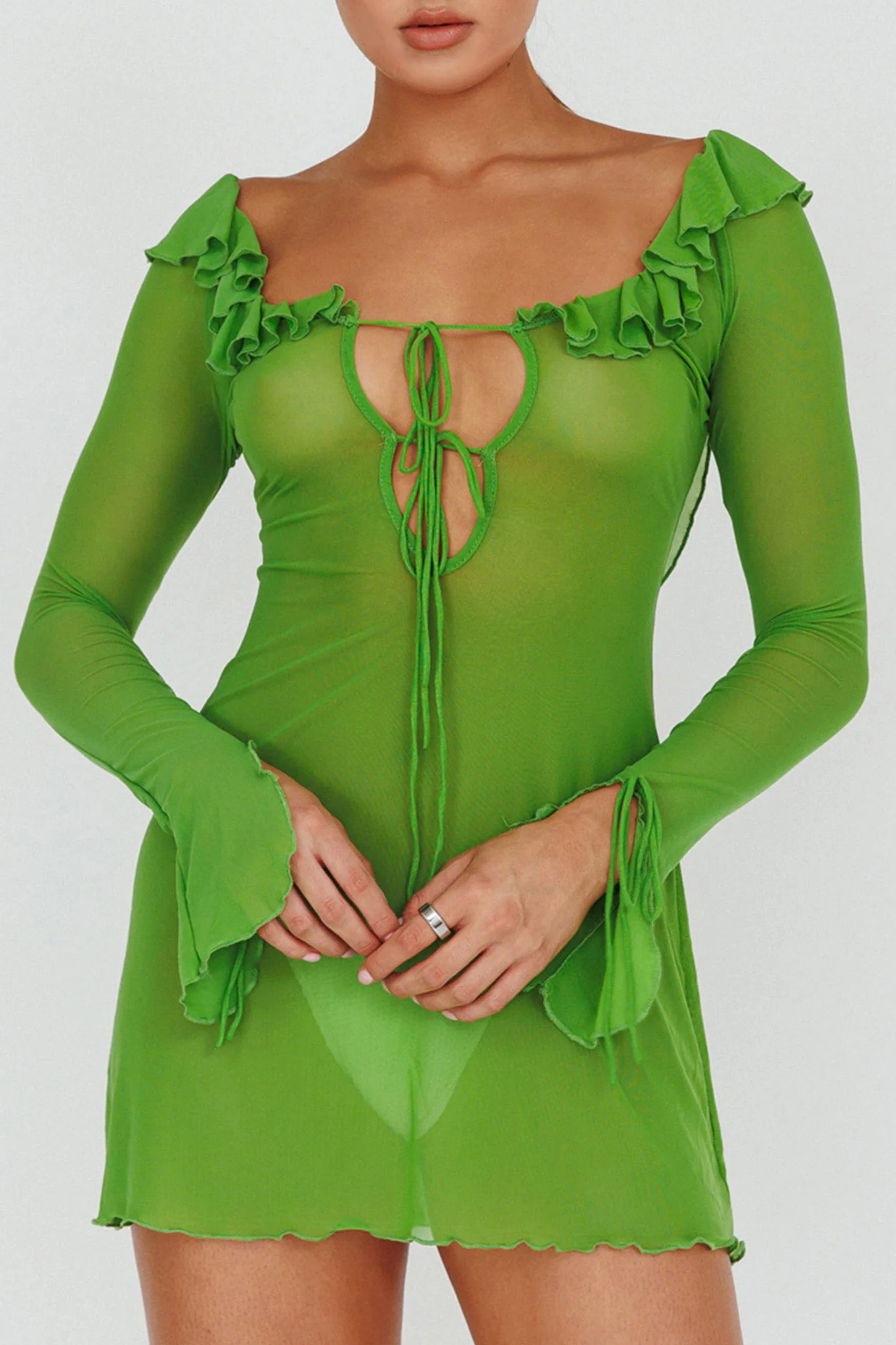 Sea Dreaming Ruffle Trim Mini Dress Lime