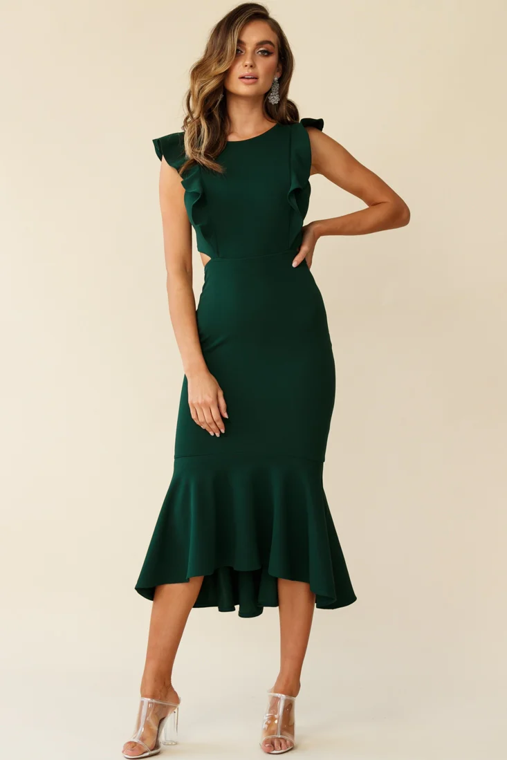 Jackie Wide Ruffle Hem Pinafore Midi Dress Forest Green