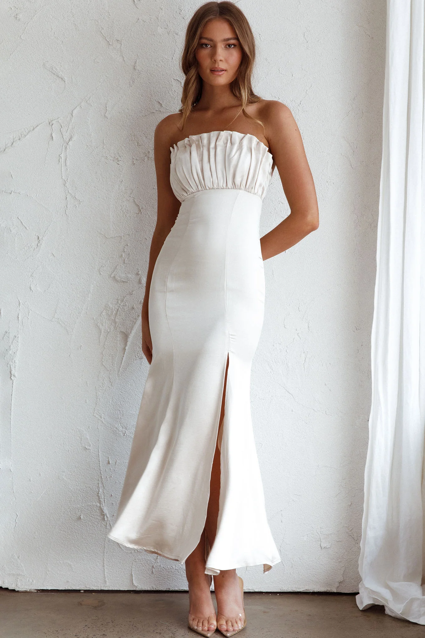 Tivoli Strapless Gathered Bust Midi Dress Champagne