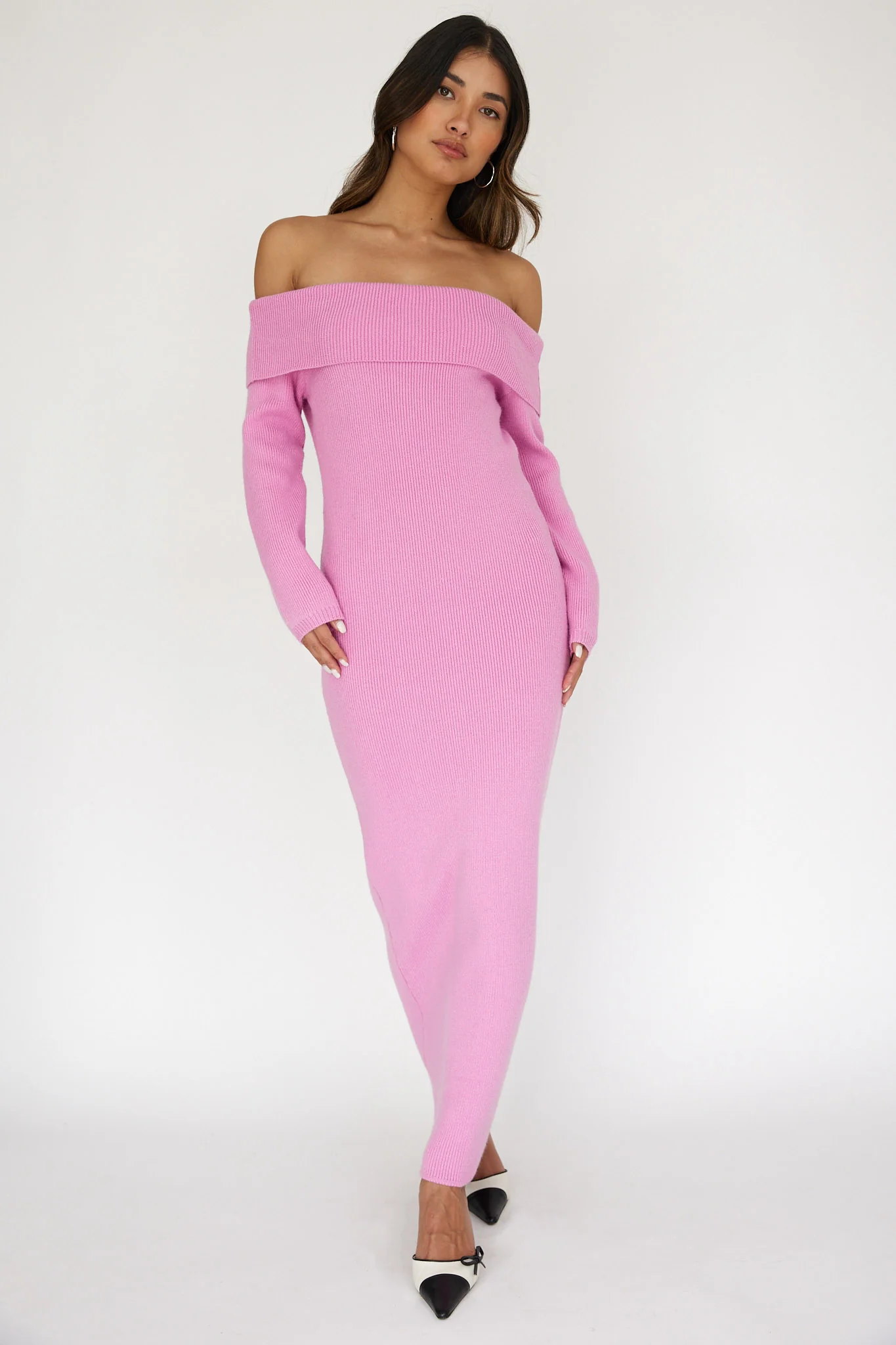 Winter Wonder Off-Shoulder Knit Maxi Dress Pink