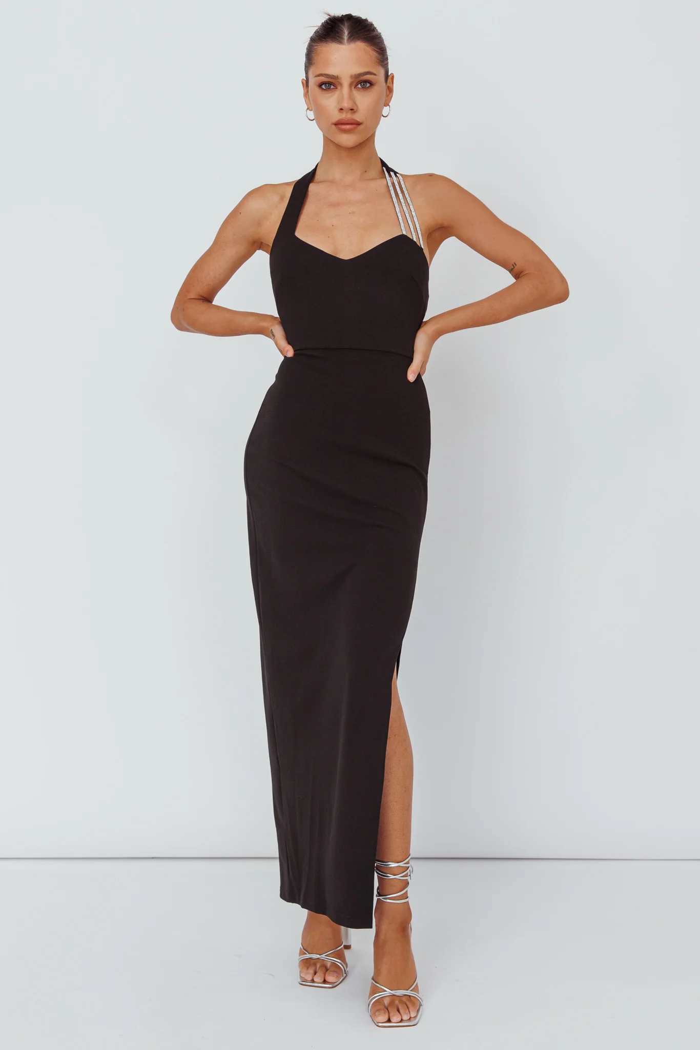 Leading Role Diamante Strap Halter Dress Black