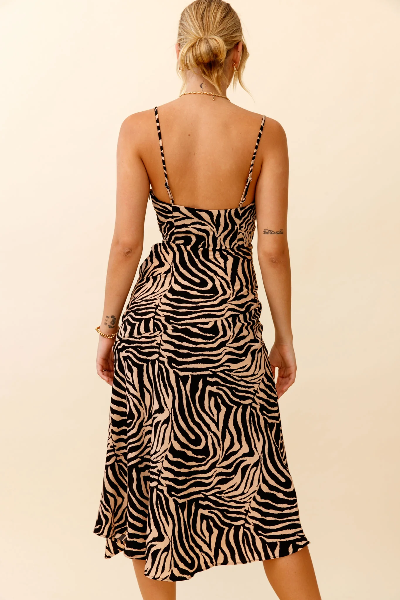 Misty Eyed Cowl Neck Thigh Split Midi Dress Animal Print Mocha