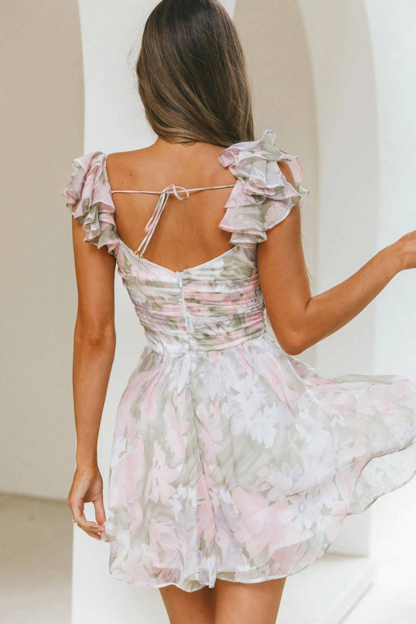 Lola Ruffle Shoulder Ruched Dress Watercolor Floral Pink Multi