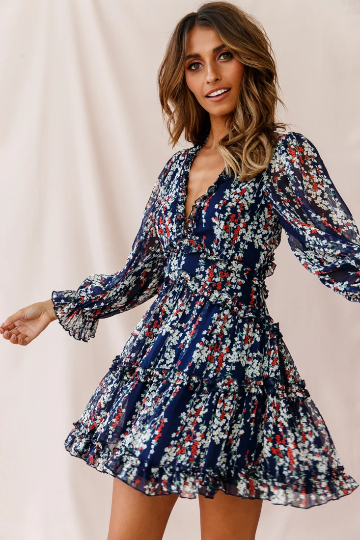 Laney Cutout Back Ruffle Detail Floral Dress Navy