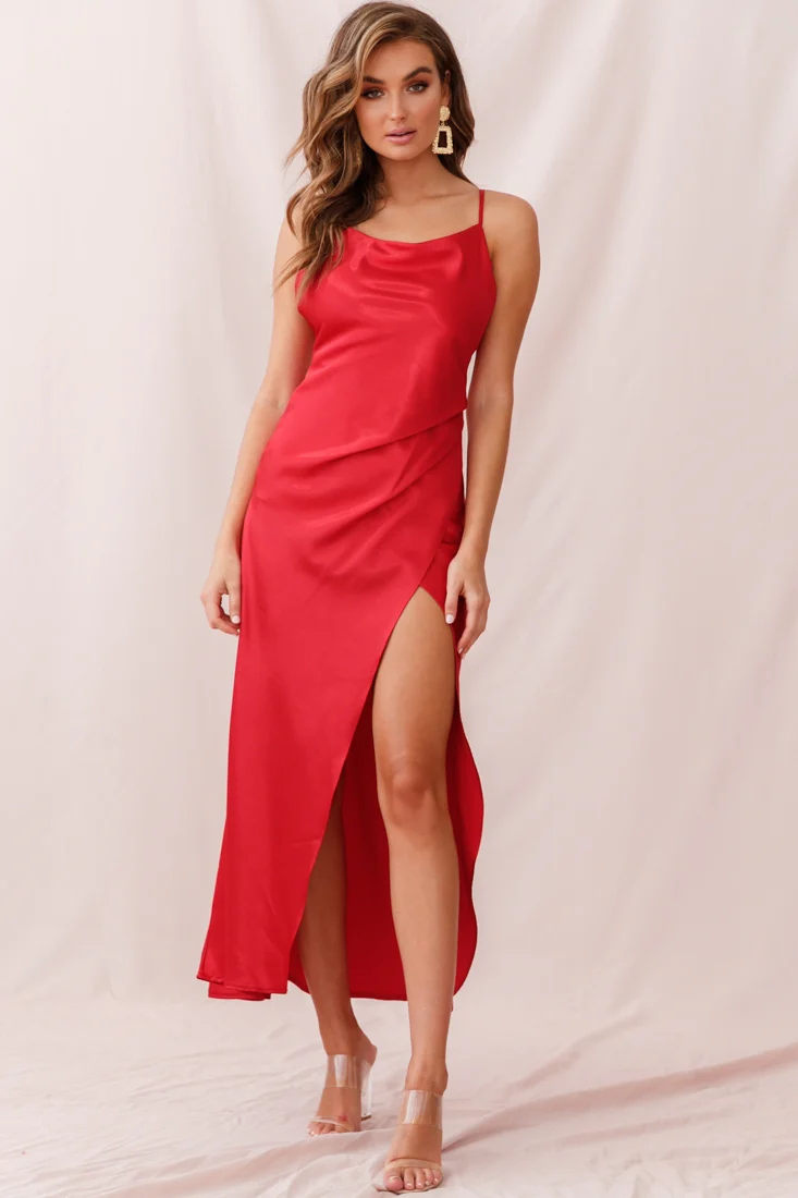 Hey Girl Long Satin Cowl Neck Dress Red