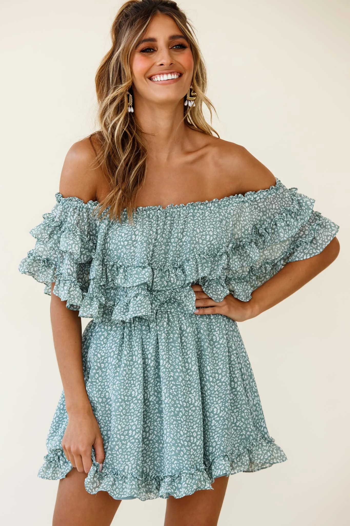Meet Me At Sunset Bardot Neckline Frill Trim Dress Speckle Print Olive