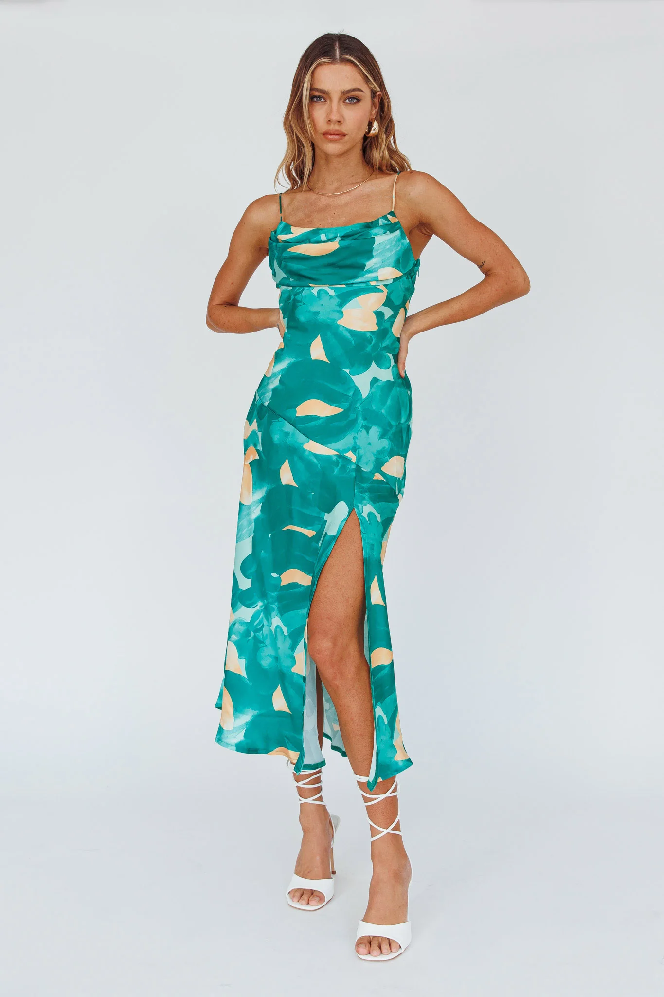 Well Versed Pleated Bust Front Split Dress Flora Green