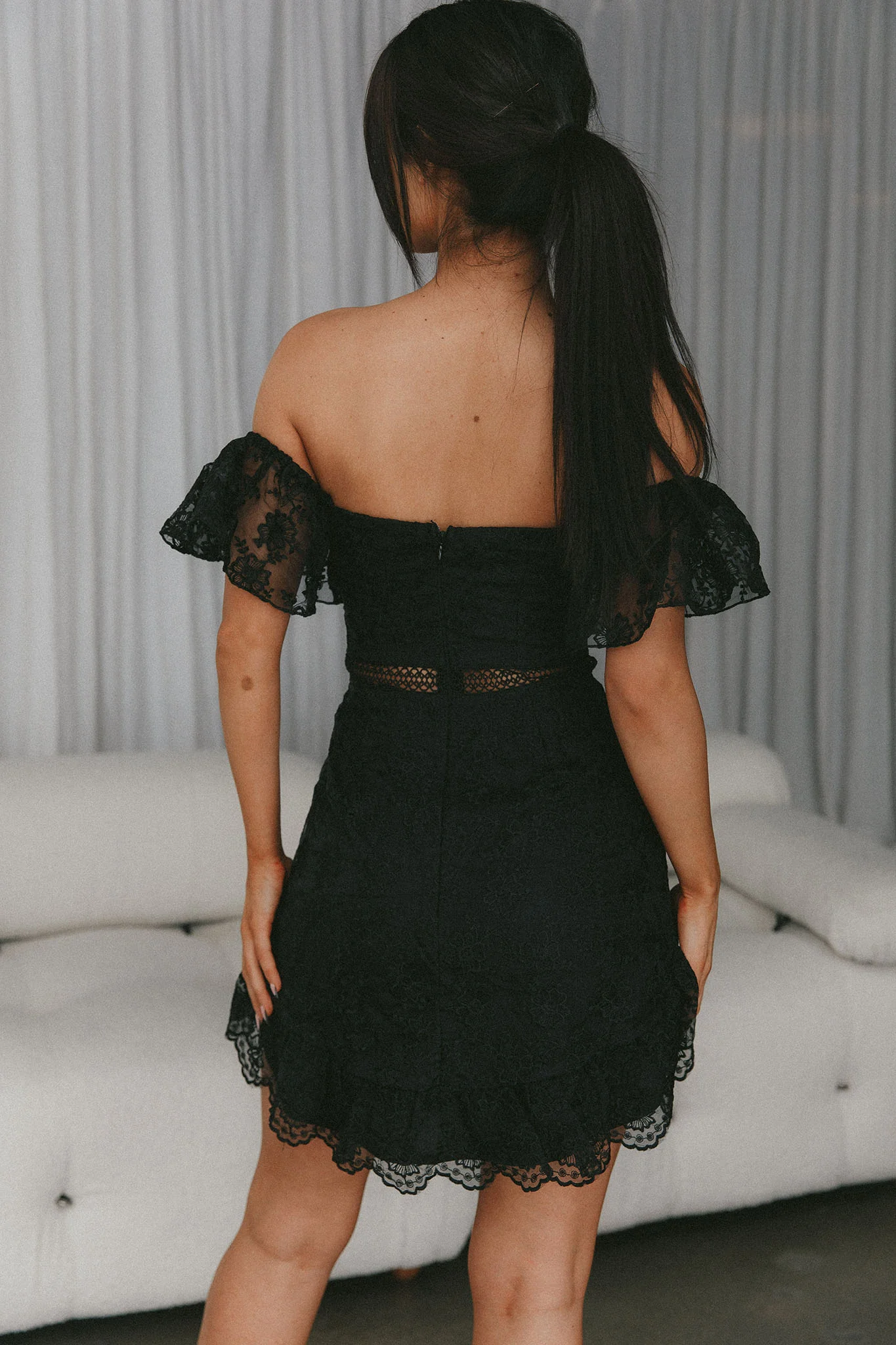 Remi Frill Shoulder Embroidered Dress Black