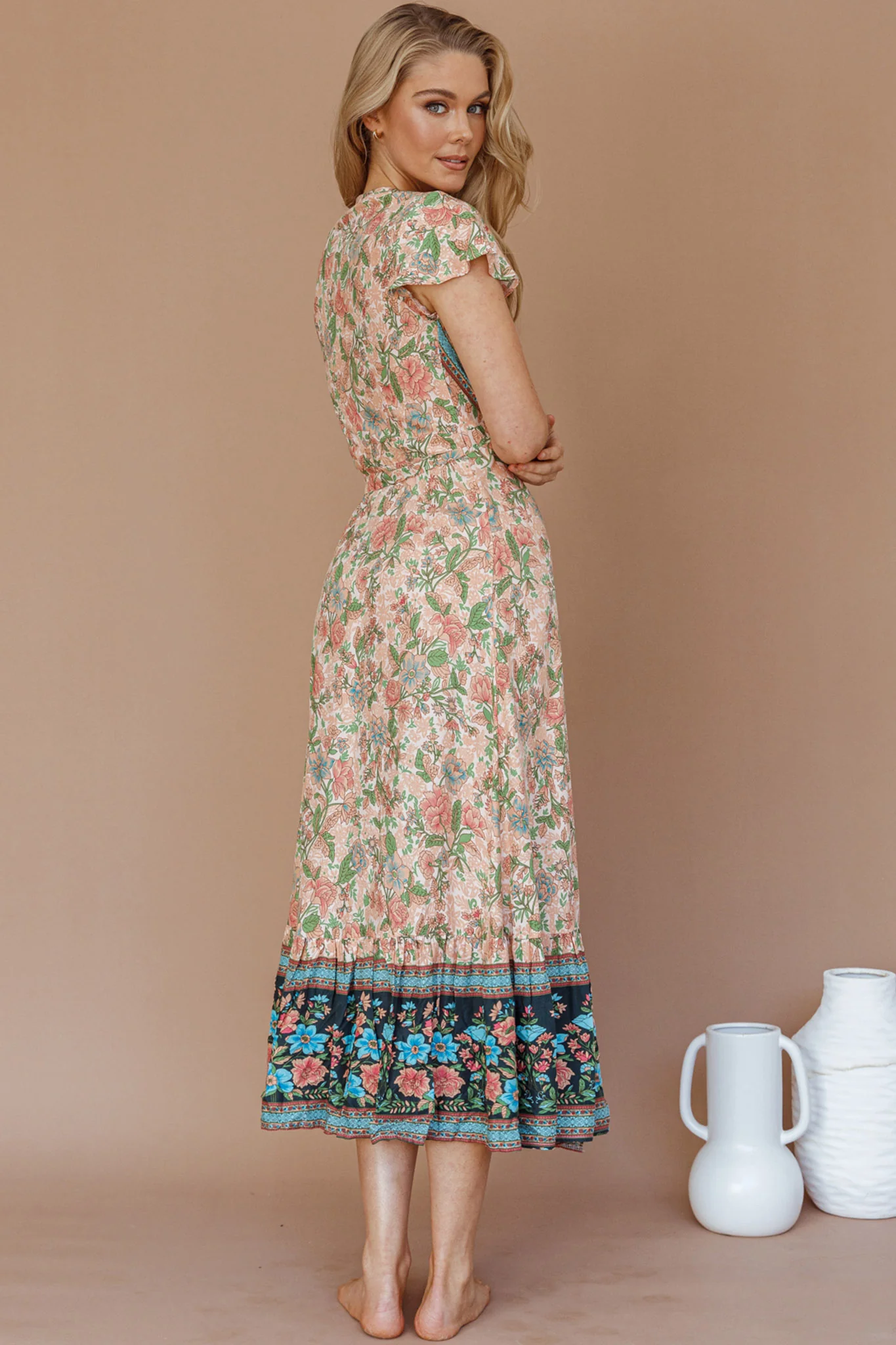 Mayan Angel Sleeve Wrap Midi Dress Floral Nude