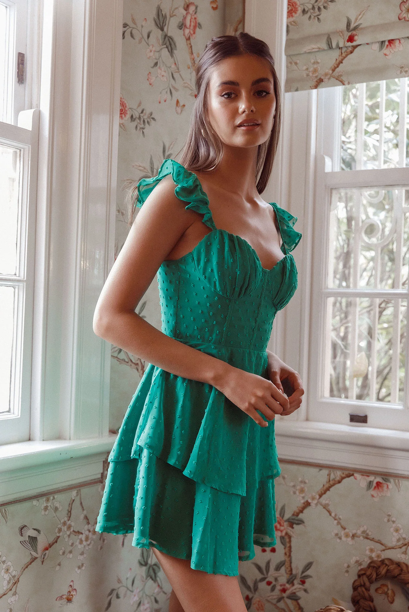 Theory Sweetheart Neckline Frill Strap Mini Dress Textured Green