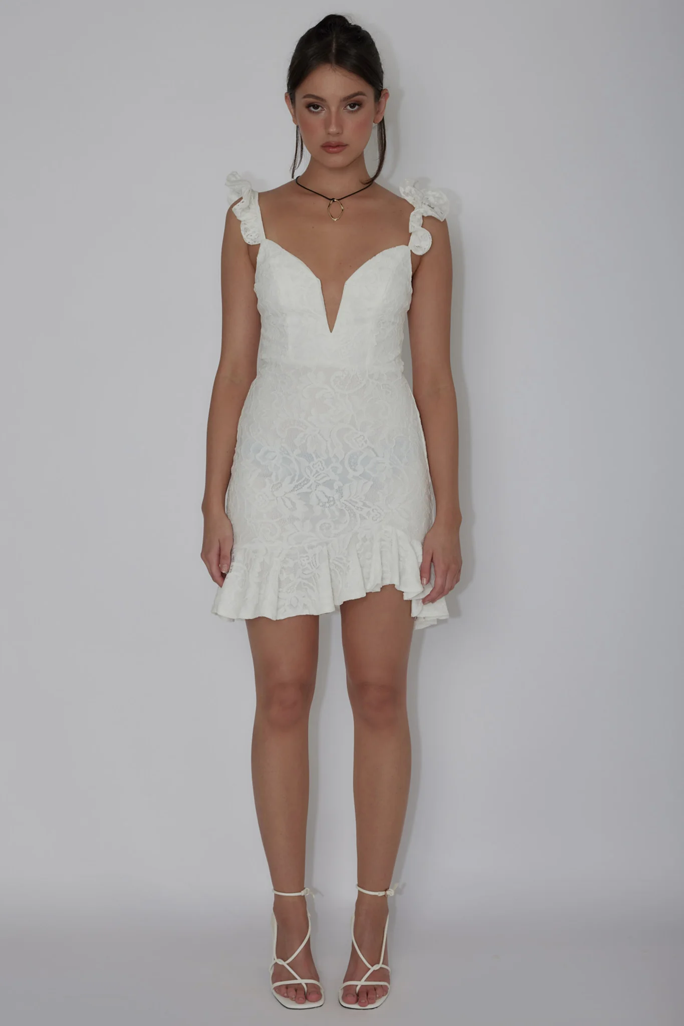 Kianna Ruffle Strap Lace Mini Dress White