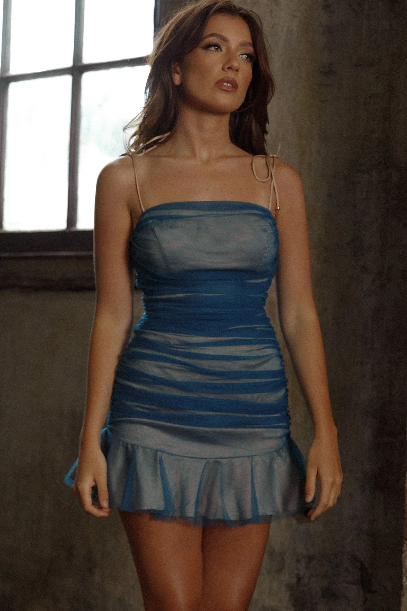 True Romance Ruffle Hem Mini Dress Nude