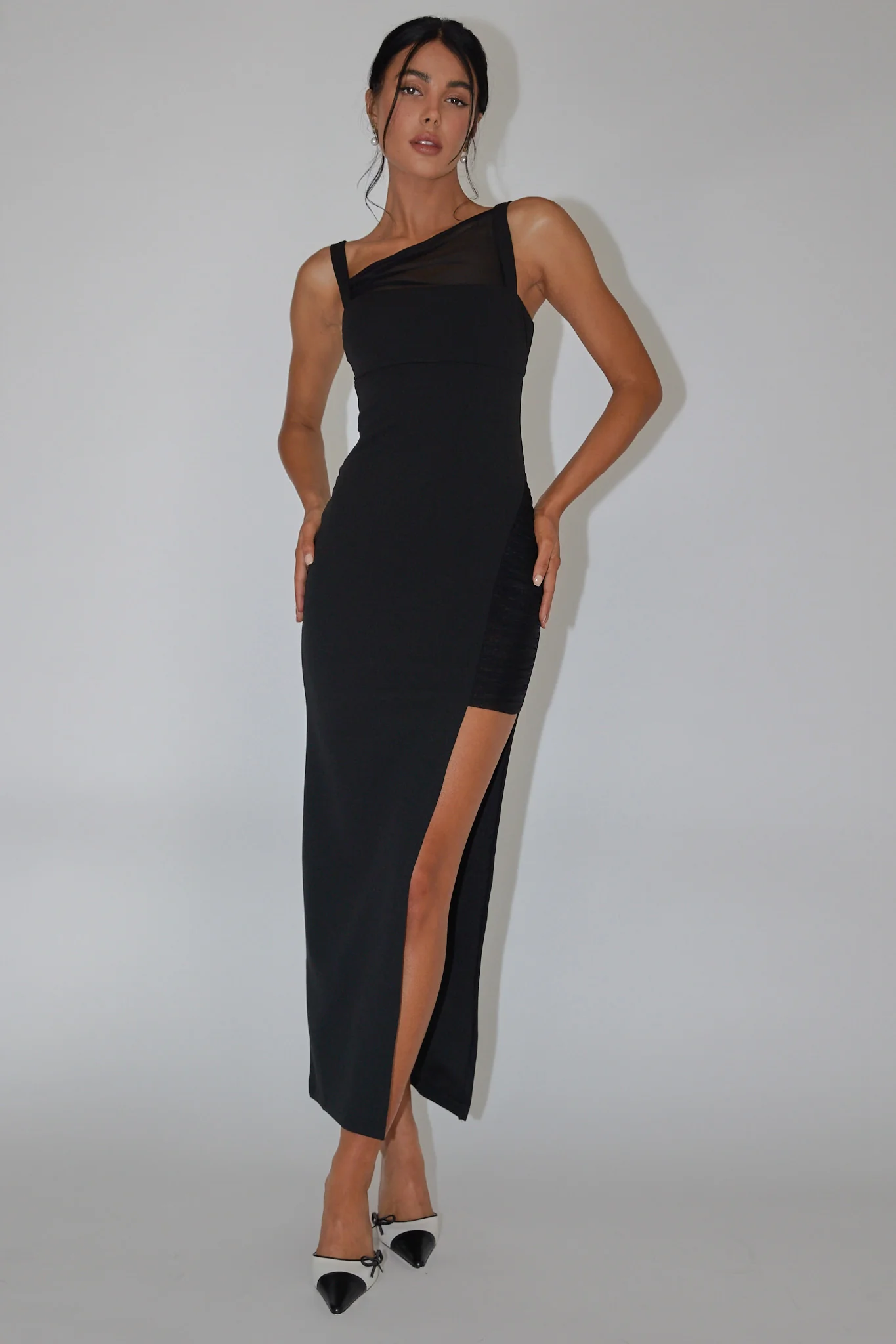 Zenya Split Ruched Midi Dress Black