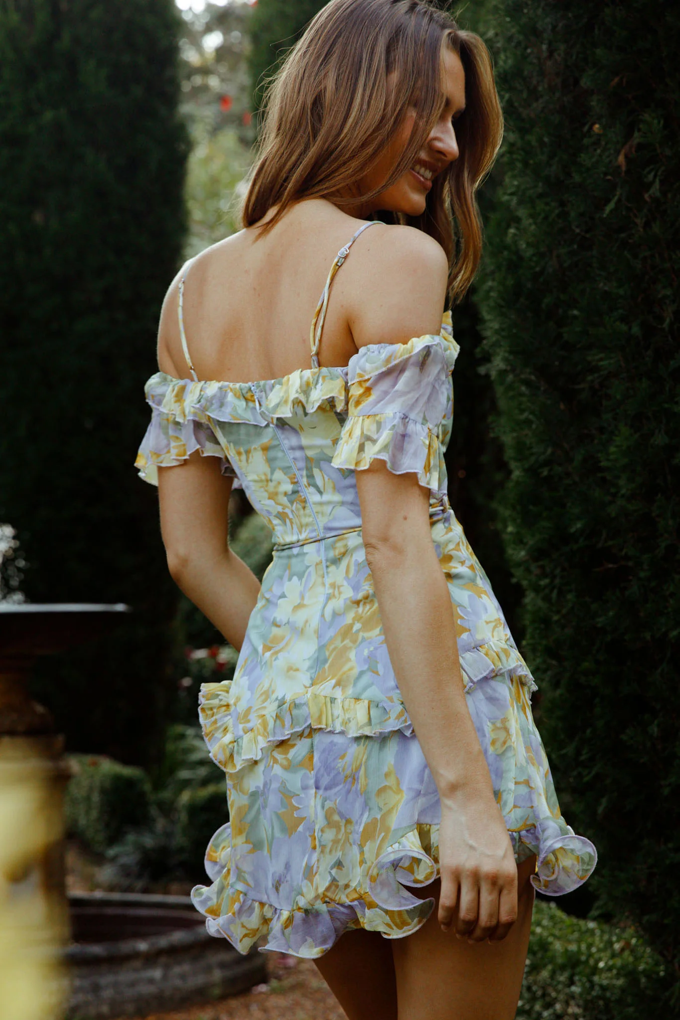 Maranda Bardot Lace-Up Bust Dress Floral Print Yellow