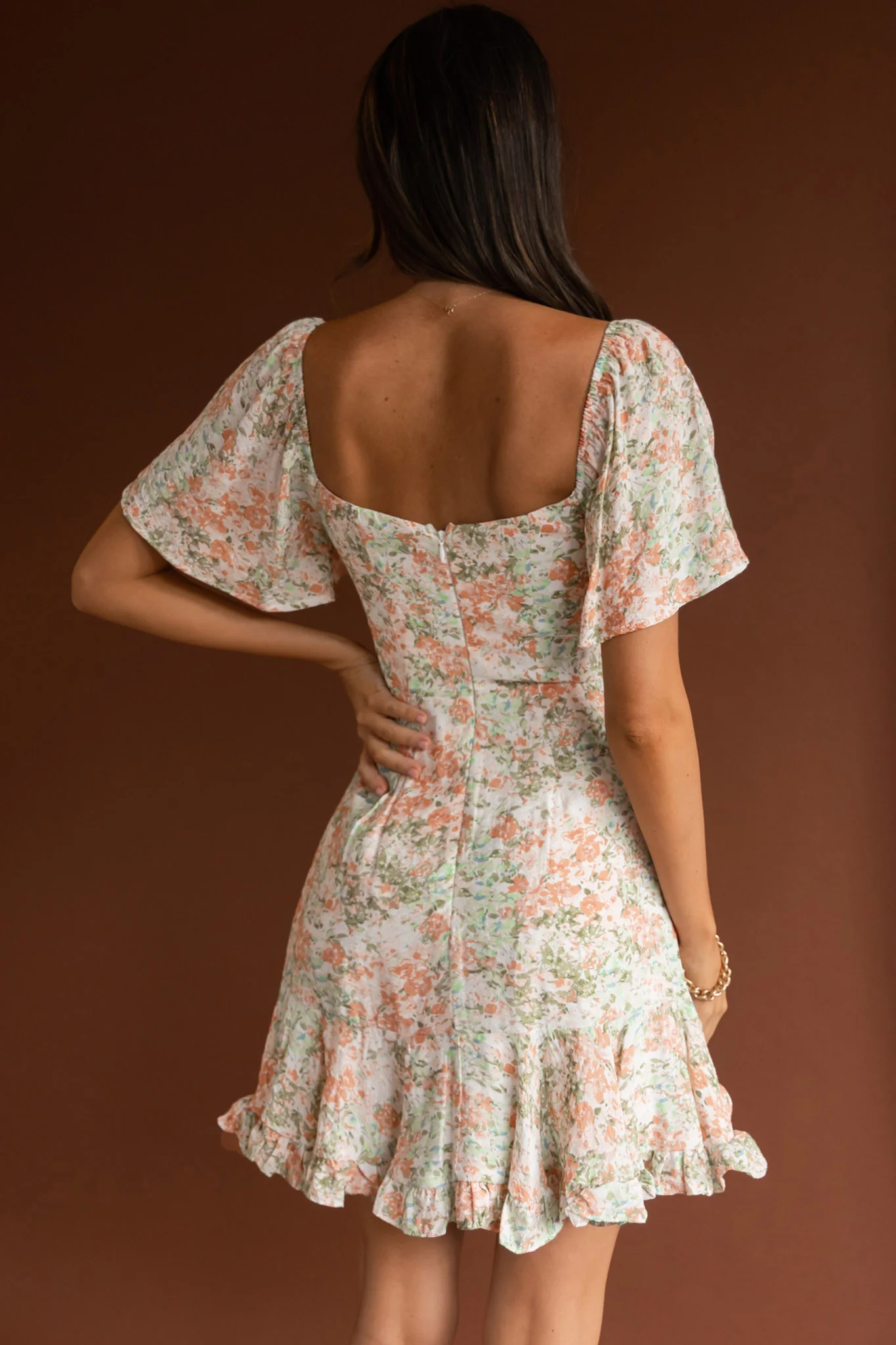Leona V-Bust Frill Mini Dress Floral Peach