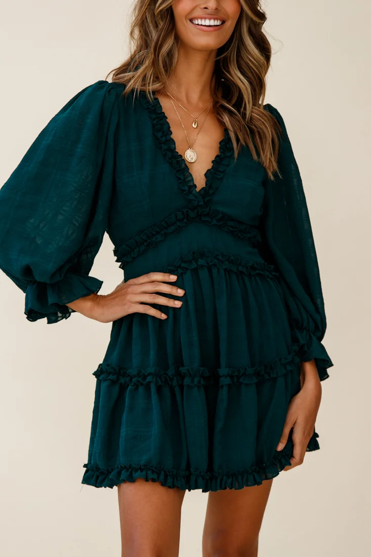 Laney Cutout Back Balloon Sleeve Dress Forest Green