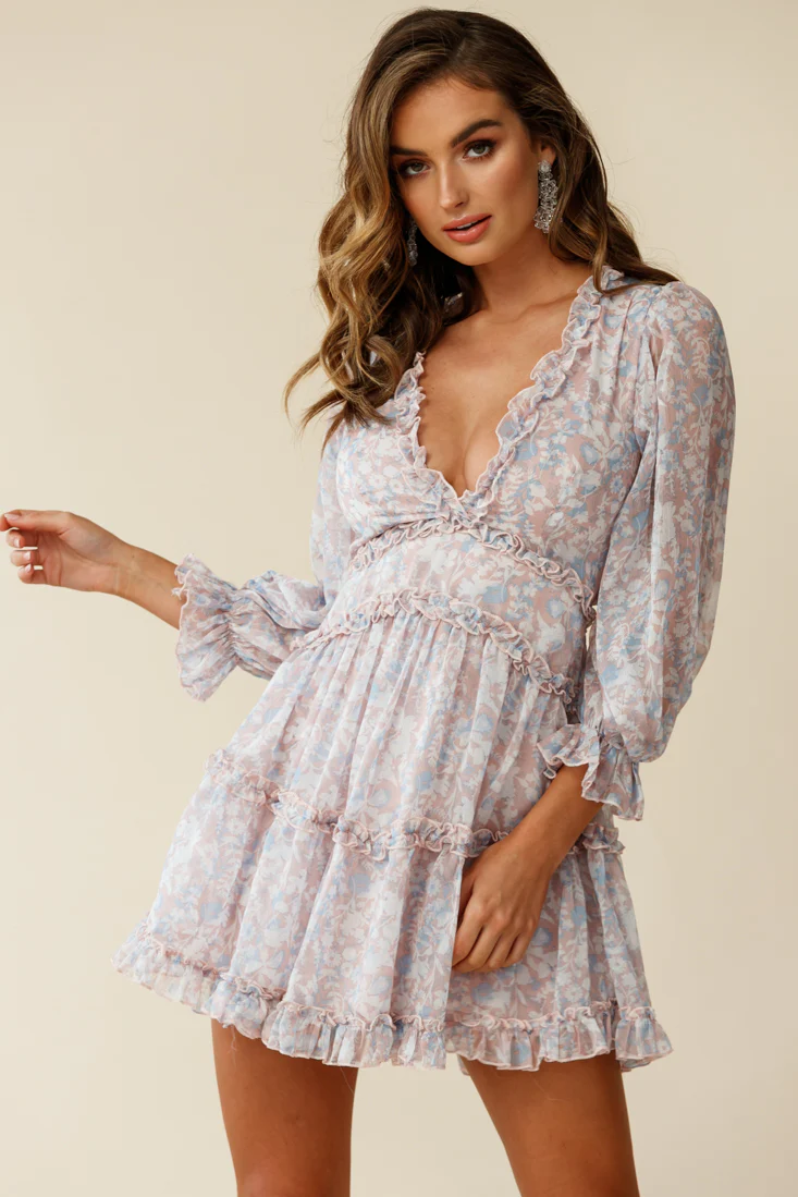 Laney Cutout Back Ruffle Trim Dress Floral Print Pink/Blue