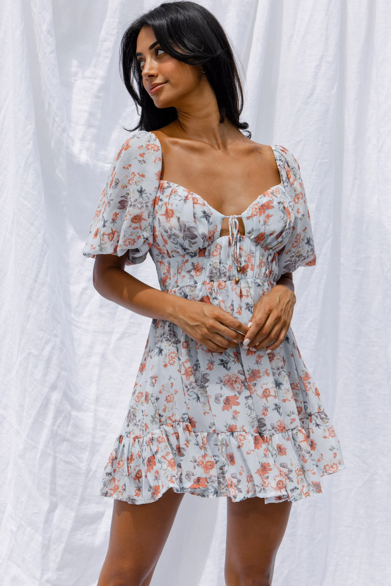 Vista Del Mar Tied Bust Mini Dress Floral Steel Blue