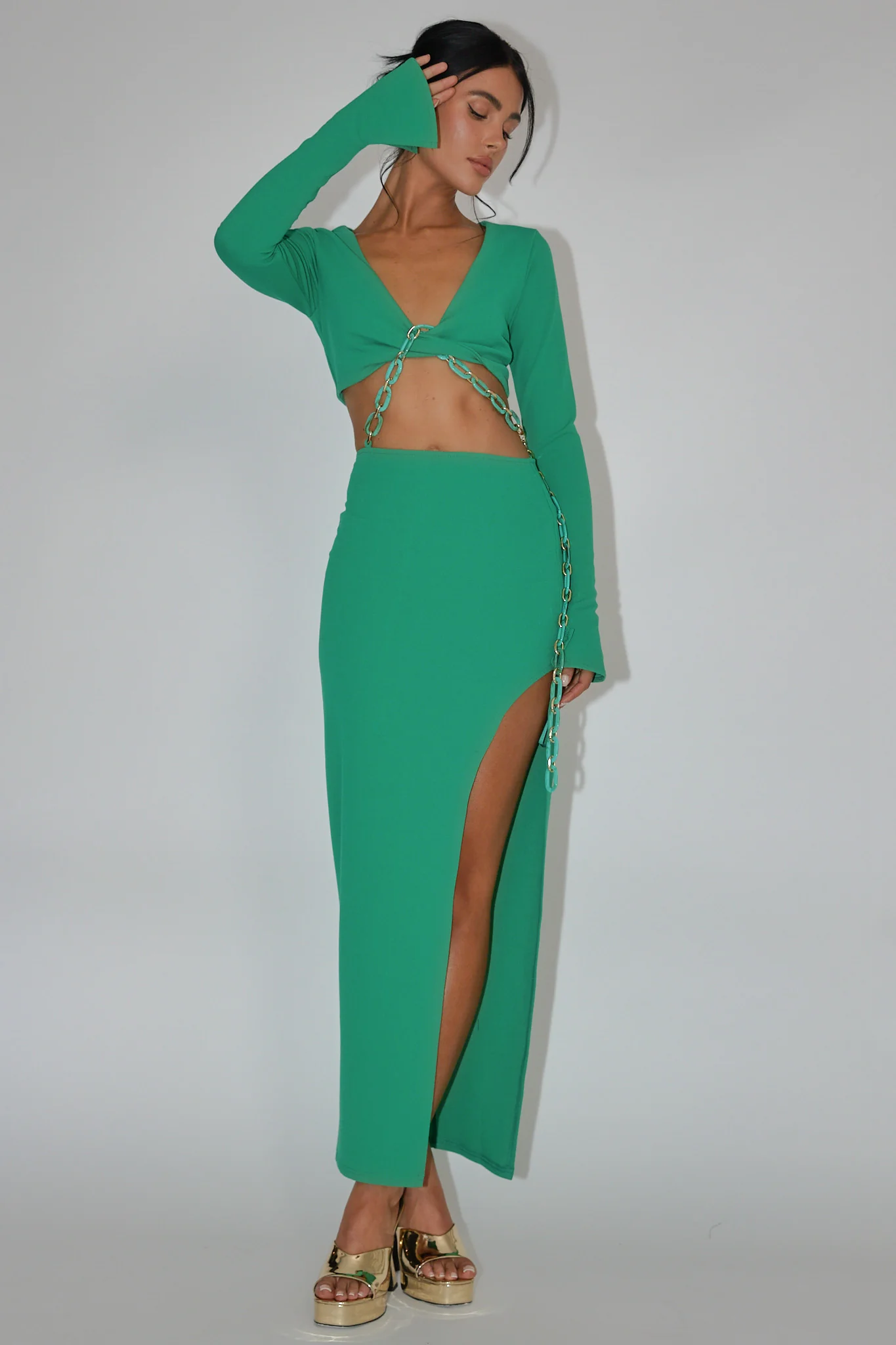 Sigournie Long Sleeve Chain Midi Dress Green