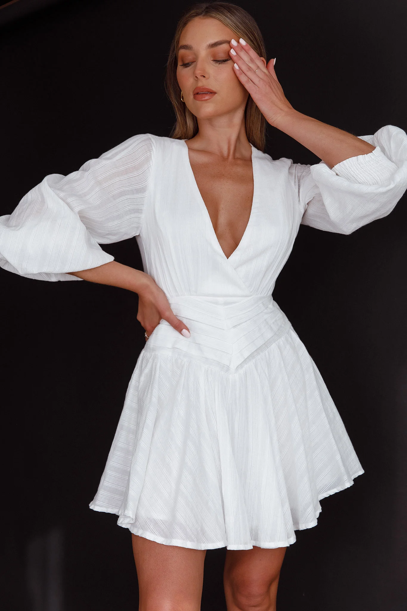 Sweet Escape Lantern Sleeve Pintuck Dress White