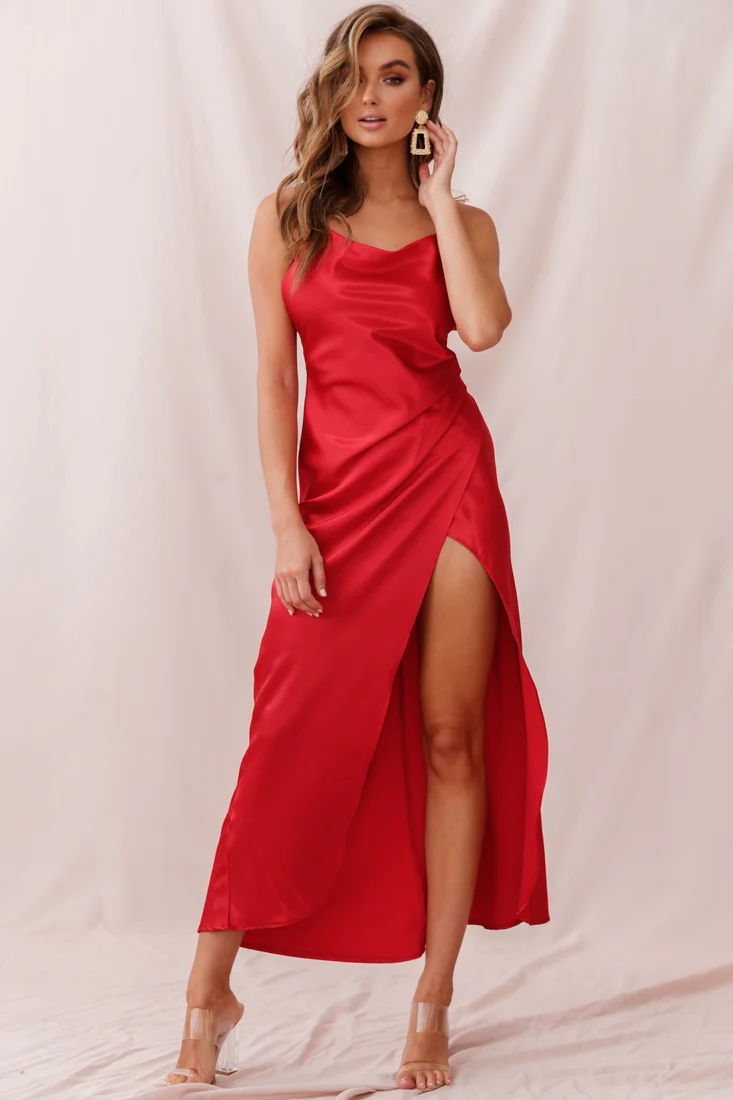 Hey Girl Long Satin Cowl Neck Dress Red