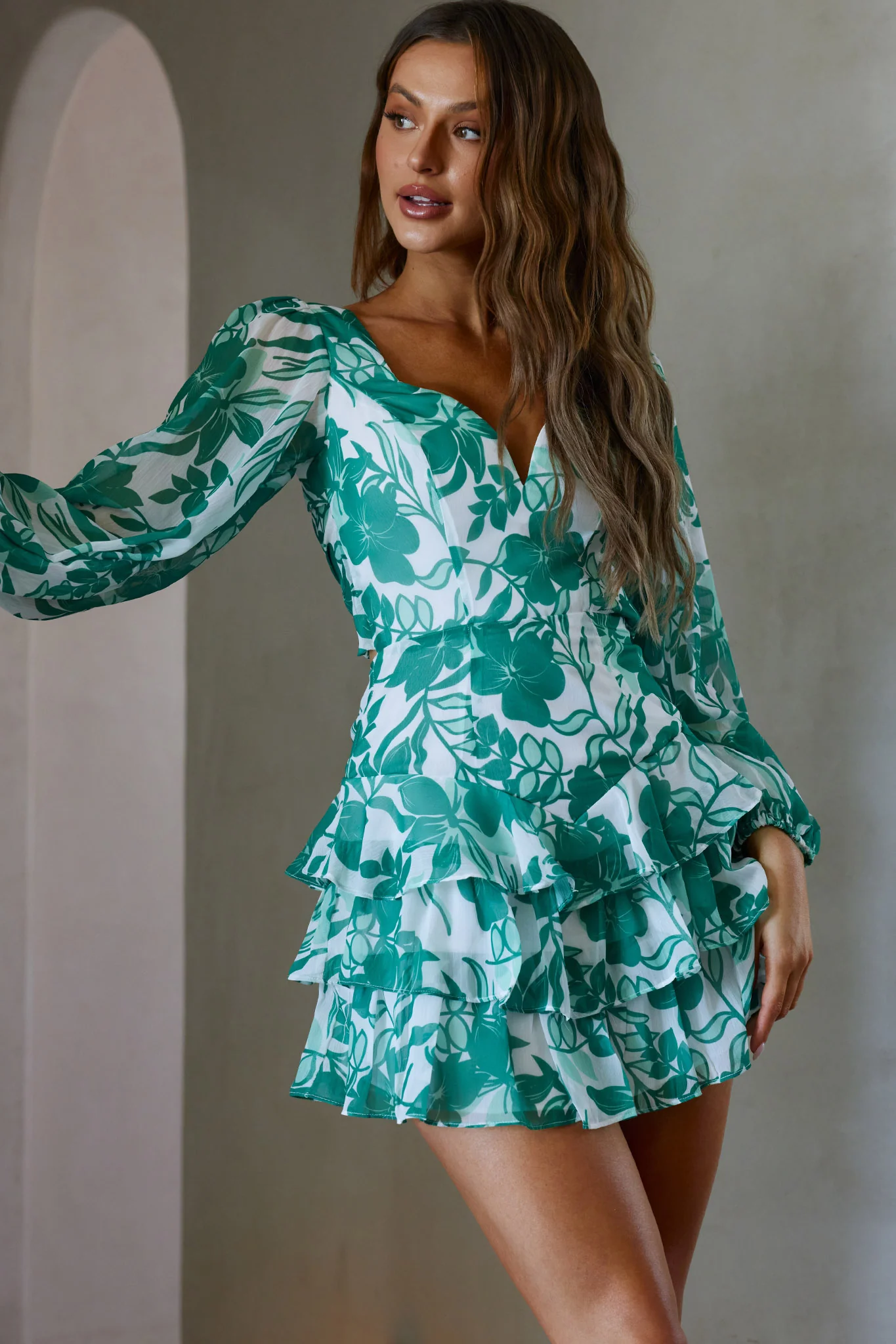 Romance Novel Long Sleeve Tied Back Floral Dress Green