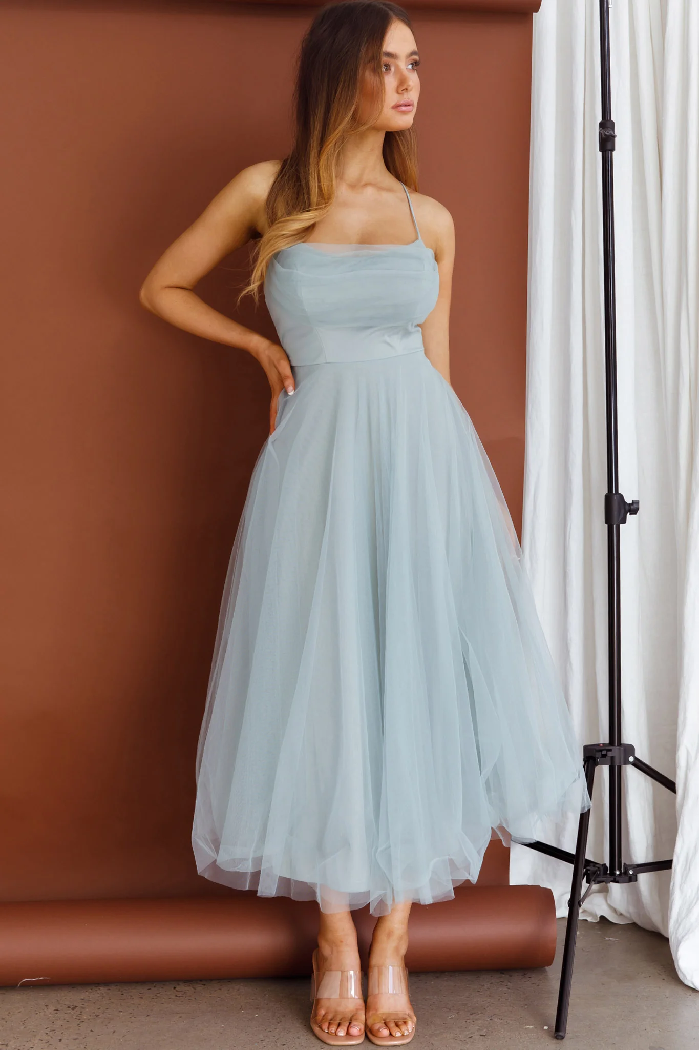 Floating By Pleated Neckline Mesh Midi Dress Sage