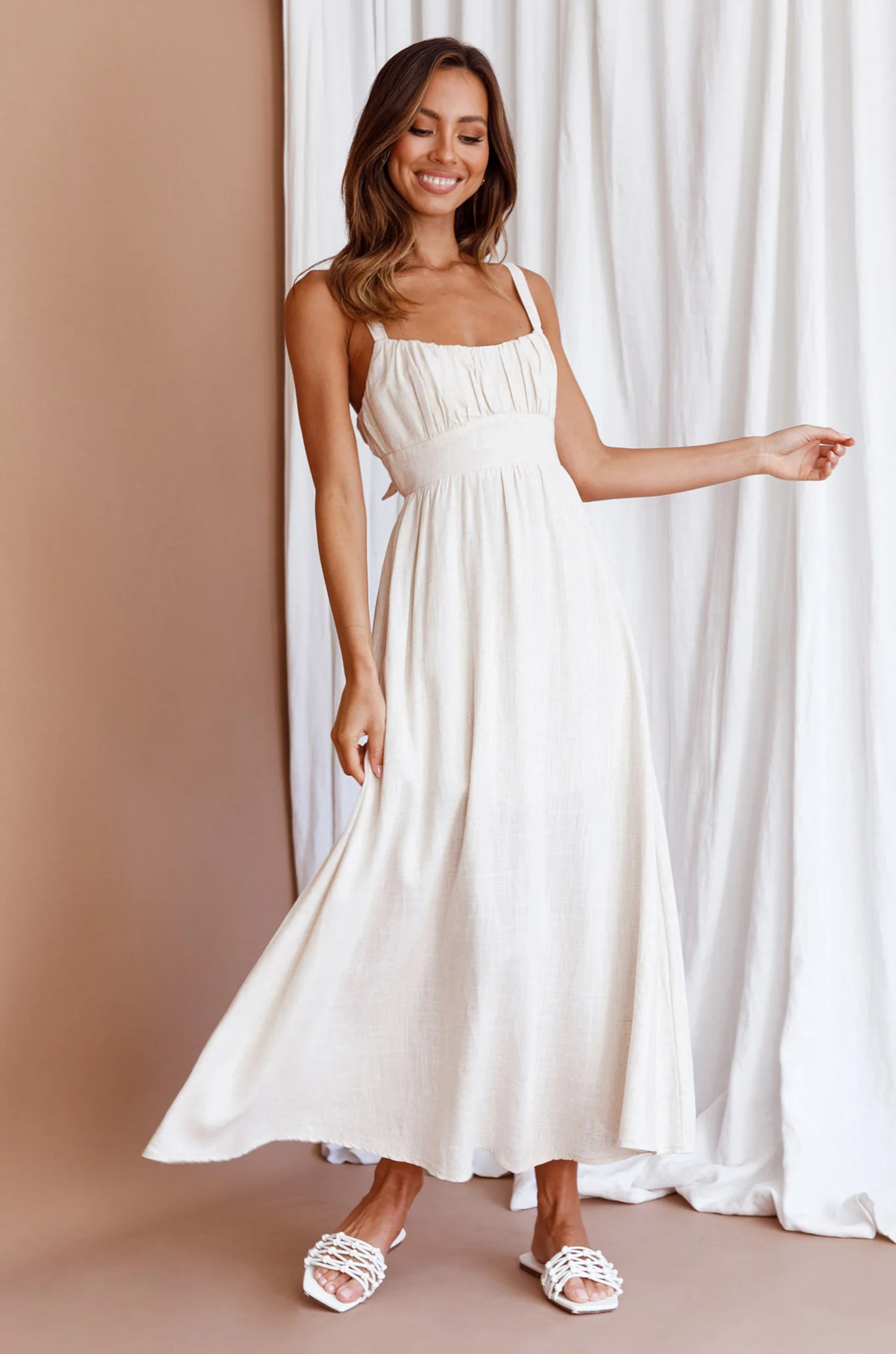 Roberta Gathered Bust Midi Dress Natural