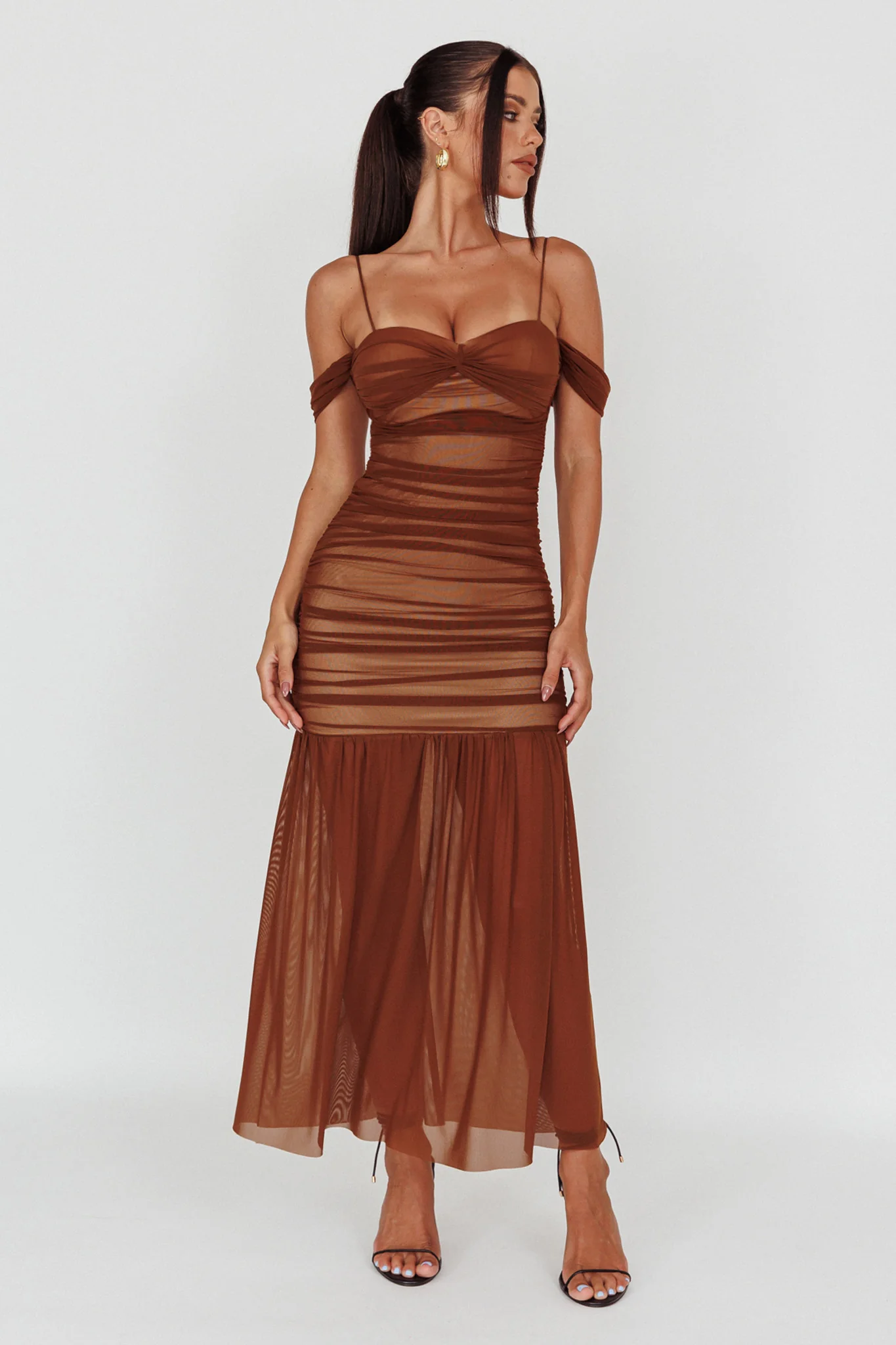 La Salle Ruched Mesh Maxi Dress Chocolate