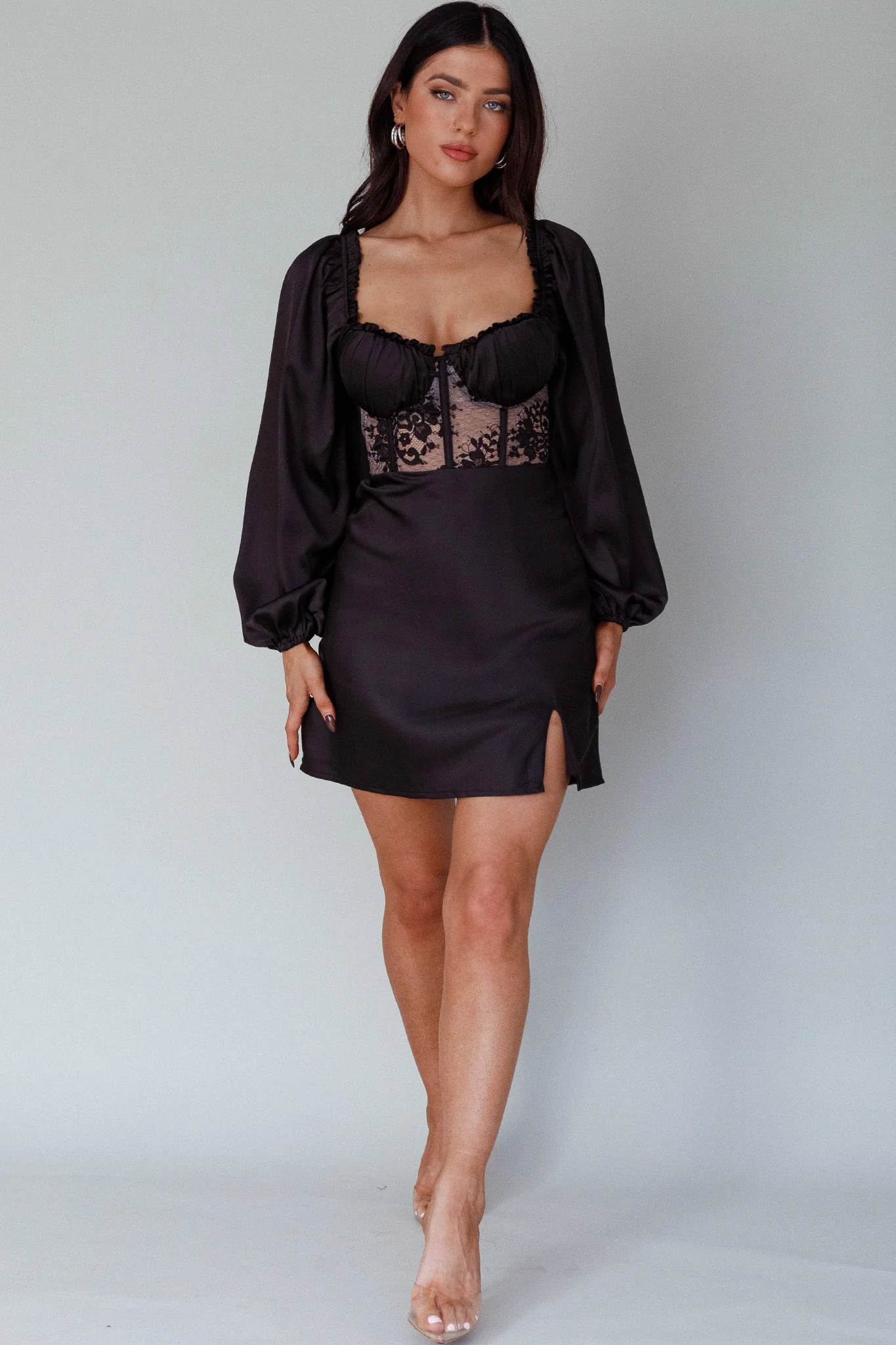 Trophy Long Sleeve Lace Bodice Mini Dress Black