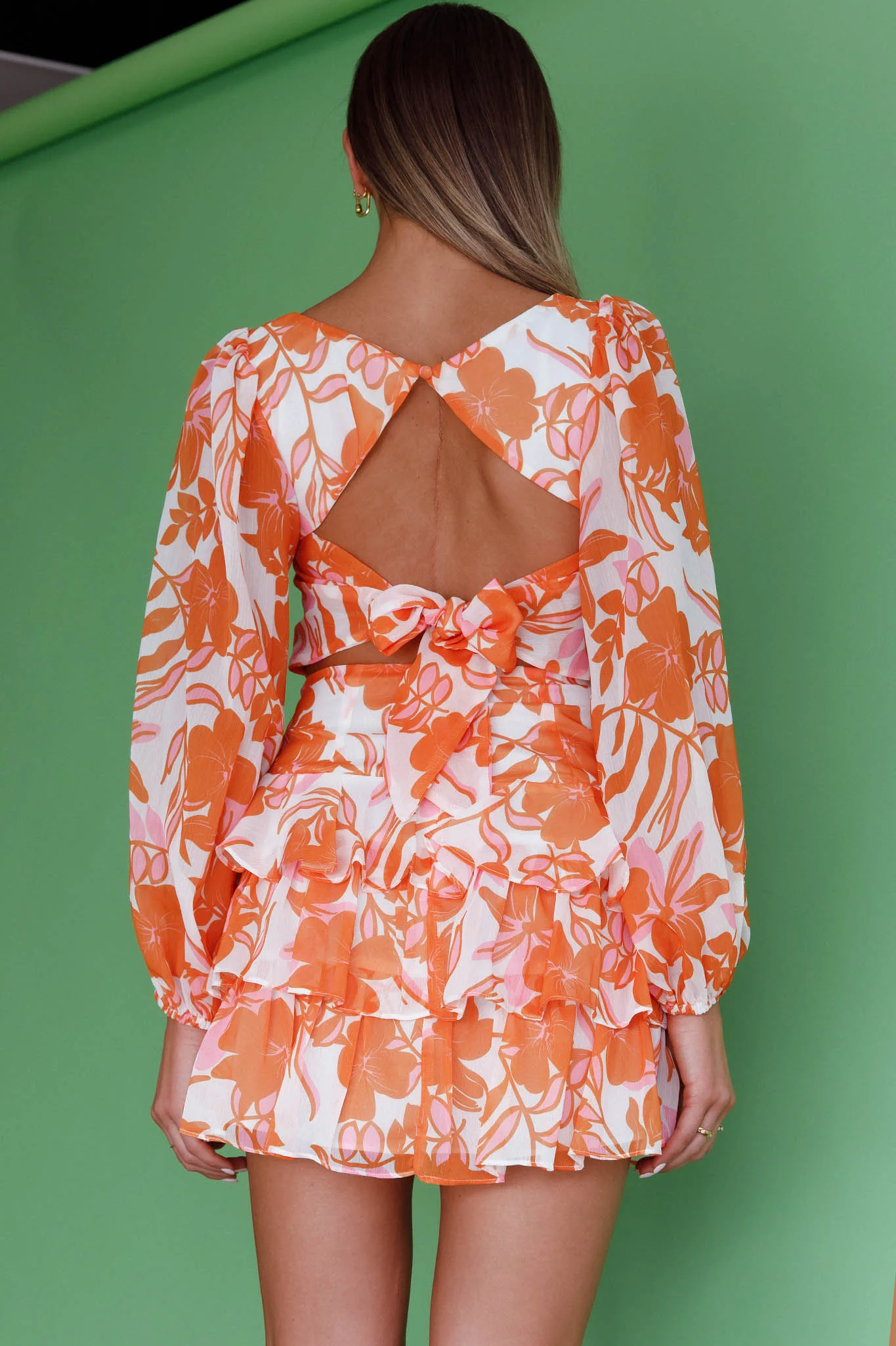 Romance Novel Long Sleeve Tied Back Floral Dress Orange