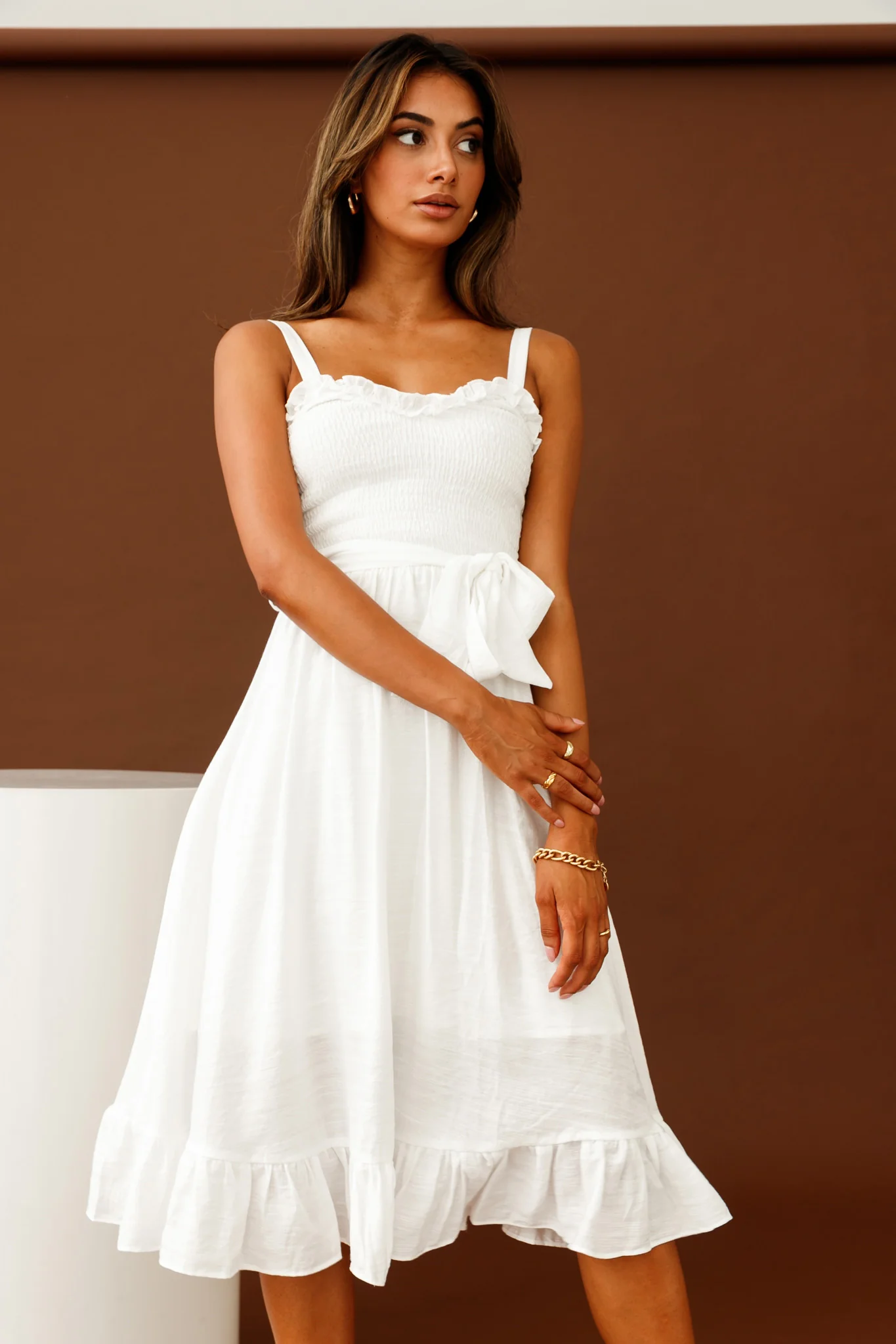 Honey Shirred Frill Midi Dress White